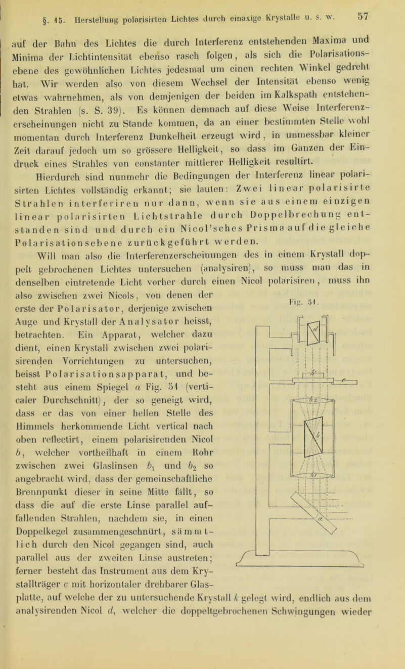 lig. 5t. auf der Bahn des Lichtes die durch Interferenz entstehenden Maxima und Minima der Lichtintensitüt ebenso rasch folgen, als sich die Polarisations- ebene des gewöhnlichen Lichtes jedesmal um einen rechten Winkel gedieht hat. Wir werden also von diesem Wechsel der Intensität ebenso \%enig etwas wahrnehmen, als von demjenigen der beiden iin Kalkspath entstehen- den Strahlen (s. S. 39). Es können demnach auf diese W'^eise Inleilcienz- crscheinungen nicht zustande kommen, da an einer bestimmten Stelle xNohl momentan durch Interferenz Dunkelheit erzeugt wird , in unmessbar kleinei Zeit darauf jedoch um so grössere Helligkeit, so dass im Ganzen der Ein- druck eines Strahles von constanter mittlerer Helligkeit resultirt. Hierdurch sind nunmehi’ die Bedingungen der Interleronz linear polari- sirten Lichtes vollständig erkannt; sie lauten: Zwei linear polaris irte Strahlen i n t e r f e r i r e n nur dann, xx ' e n n sie aus einem einzige n linear pol aris irte n Lichtstrahle durch Doppelbrechung ent- standen sind und durch ein N i c o 1 ’ s c h e s B r i s m a a u f d i e g I e i c h e P o 1 a r i s a t i 0 n s e b e n e z u r ü c k g e f U h r t werden. Will man also die Interferenzerscheinungen des in einem Krystall dop- pelt gebrochenen Lichtes untersuchen (analysiren), so muss man das in denselben eintretende Licht vorher durch einen Nicol polarisiren , muss ihn also zwischen zwei Nicols, von denen der erste der Polarisator, derjenige zwischen Auge und Krystall der Analysator heisst, betrachten. Ein Apparat, welcher dazu dient, einen Krystall zwischen zxxci polari- sirenden Vorrichtungen zu untersuchen, heisst Polarisationsapparat, und be- steht aus einem Spiegel a Pig. 51 (verti- calcr Durchschnitt), der so geneigt wird, dass er das von einer hellen Stelle des Himmels herkommende Licht vertical nach oben rellectirt, einem polarisirenden Nicol 6, welcher vortheilhaft in einem Bohr zwischen zwei Glaslinsen 6, und bj so angebracht wird, dass der gemeinschaftliche Brennpunkt dieser in seine Mitte fällt, so dass die auf die erste Linse parallel auf- fallenden Strahlen, nachdem sie, in einen Doppelkegel zusammengeschnürt, sämmt- lich durch den Nicol gegangen sind, auch parallel aus der zweiten Linse auslreten; ferner besteht das Instrument aus dem Kry- stallträger c mit horizontaler drehbarer Glas- platte, auf welche der zu untersuchende Krystall Ä gelegt wird, endlich aus dem analysirenden Nicol c/, welcher die doppeltgebrochenen Schwingungen wieder