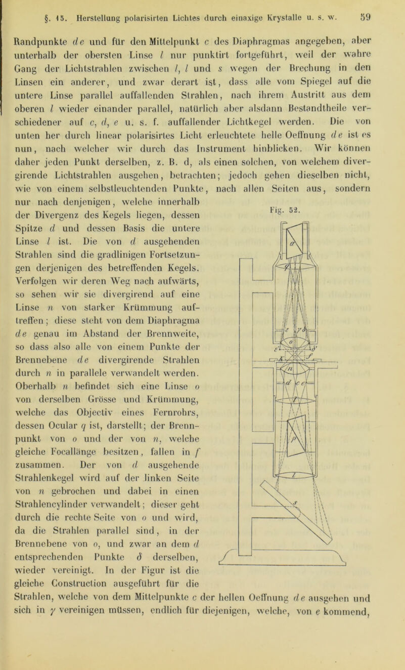 Randpunkte de und für den Mittelpunkt c des Diaphragmas angegeben, aber unterhalb der obersten Linse / nur punklirt forlgeführt, weil der wahre Gang der Lichtstrahlen zwischen /, l und s wegen der Brechung in den Linsen ein anderer, und zwar derart ist, dass alle vom Spiegel auf die untere Linse parallel auffallenden Strahlen, nach ihrem Austritt aus dem oberen l wieder einander parallel, natürlich aber alsdann Bestandtheile ver- schiedener auf c, (/, e u. s. f. auffallender Lichtkegel werden. Die von unten her durch linear polarisirtes Licht erleuchtete helle OeHnung de ist es nun, nach welcher wir durch das Instrument hinblicken. Wir können daher jeden Punkt derselben, z. B. d, als einen solchen, von welchetn diver- girende Lichtstrahlen ausgehen, betrachten; jedoch gehen dieselben nicht, wie von einem selbstleuchtenden l’unkte, nach allen Seiten aus, sondern nur nach denjenigen, welche innerhalb der Divergenz des Kegels liegen, dessen Spitze d und dessen Basis die untere Linse l ist. Die von d ausgehenden Strahlen sind die gradlinigen Fortsetzun- gen derjenigen des betreffenden Kegels. Verfolgen wir deren Weg nach aufwärts, so sehen wir sie divergirend auf eine Linse n von starker Krümmung auf- Ireflen; diese steht von dem Diaphragma de genau im Abstand der Brennweite, so dass also alle von einem Punkte der Brennebene de divergirende Strahlen durch n in parallele verwandelt werden. Oberhalb n befindet sich eine Linse o von derselben Grösse und Krümmung, welche das Objectiv eines Fernrohrs, dessen Ocular q ist, darstellt; der Brenn- punkt von 0 und der von welche gleiche Focailänge besitzen, fallen in /’ zusammen. Der von d, ausgehende Strahlenkegel wird auf der linken Seite von n gebrochen und dabei in einen Strahlencylinder verwandelt; dieser geht durch die rechte Seite von o und wird, da die Strahlen parallel sind, in der Brennebene von o, und zwar an dem d entsprechenden Punkte d derselben, wieder vereinigt. In der Figur ist die gleiche Gonslruction ausgeführt für die Strahlen, welche von dem Mittelpunkte c der hellen OelTnung de ausgehen und sich in y vereinigen müssen, endlich für diejenigen, welche, von e kommend.