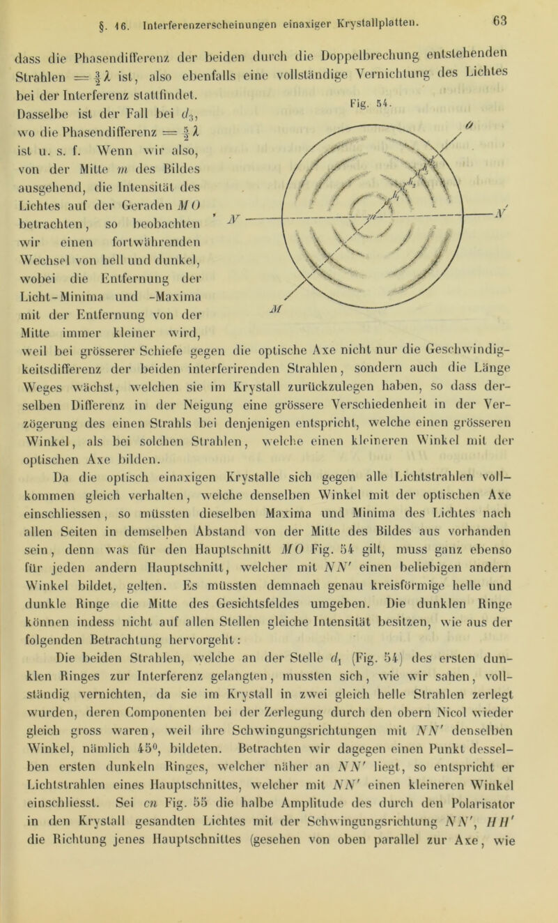 dass die Phasendiirerenz der beiden durch die Doppelbrechung entstehenden Strahlen ist, also elienfalls eine vollständige Vernichtung des Lichtes bei der Interferenz slattfindet. l'ig. 54. Dasselbe ist der Fall bei wo die Phasendilferenz = ist u. s. f. Wenn wir also, von der Milte 7H des Bildes ausgehend, die Intensität des Lichtes auf der Geraden M () betrachten, so beobachten wir einen fortwährenden Wechsel von hell und dunkel, wobei die Entfernung der Licht-Minima und -Maxiina mit der Entfernung von der Milte immer kleiner wird, weil bei grösserer Schiefe gegen die optische Axe nicht nur die Geschwindig- keitsdifl’erenz der beiden interferirendcn Strahlen, sondern auch die Länge Weges wächst, welchen sie im Krystall zurückzulegen haben, so dass der- selben Dilferenz in der Neigung eine grössere Verschiedenheit in der Ver- zögerung des einen Strahls bei denjenigen entspricht, welche einen grösseren Winkel, als bei solchen Strahlen, welch.e einen kleinei’en Winkel mit der optischen Axe bilden. Da die optisch einaxigen Krystalle sich gegen alle Idchlstrahlen voll- kommen gleich verhalten, w elche denselben Winkel mit der optischen Axe einschliessen, so müssten dieselben Maxima und Minima des T.ichtes nach allen Seiten in demselhen Abstand von der Mille des Bildes aus vorhanden sein, denn was für den Hauptschnilt MO Fig. Ö4 gilt, muss ganz ebenso für jeden andern Ilauptschnitl, w'elcher mit NN' einen beliebigen andern Winkel bildet, gelten. Es müssten demnach genau kreisförmige helle und dunkle Binge die Mitte des Gesichtsfeldes umgeben. Die dunklen Ringe können indess nicht auf allen Stellen gleiche Intensität besitzen, wie aus der folgenden Betrachtung hervorgehl: Die beiden Strahlen, w’elche an der Stelle (Fig. 54) des ersten dun- klen Ringes zur Interferenz gelangten, mussten sich, w ie w ir sahen, voll- ständig vernichten, da sie im Krystall in zwei gleich helle Strahlen zerlegt wurden, deren Componenten bei der Zerlegung durch den obern Nicol wieder gleich gross waren, weil ihre Schwingungsrichlungen mit A'A' denselben Winkel, nämlich 45®, bildeten. Betrachten wir dagegen einen Punkt dessel- ben ersten dunkeln Ringes, welcher näher an NN' liegt, so entspricht er Lichtstrahlen eines Ilauptschniltes, welcher mit NN' einen kleineren Winkel einschliesst. Sei cn Fig. 55 die halbe Amplitude des durch den Polarisator in den Krystall gesandten Lichtes mit der Schwingungsrichlung A‘A', HU' die Richtung jenes Ilauptschniltes (gesehen von oben parallel zur Axe, wie