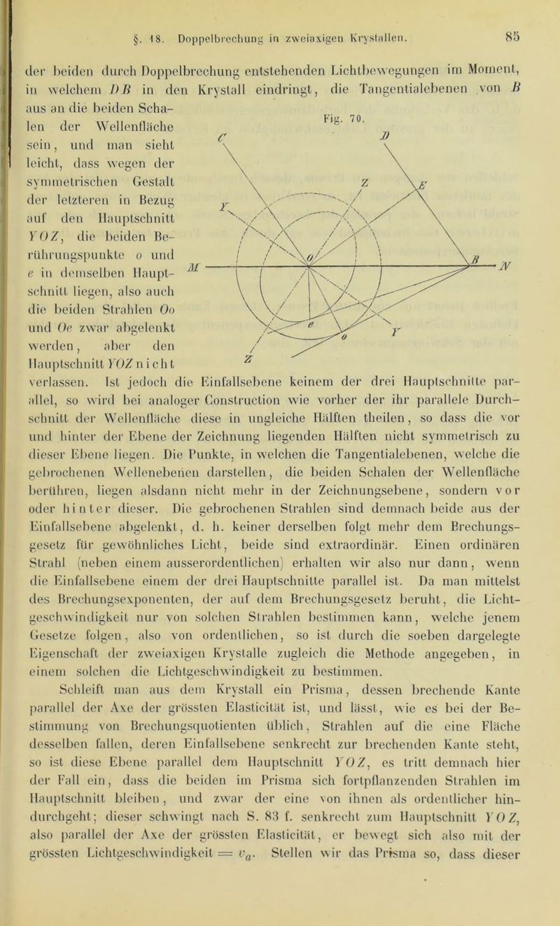 der lieiden durcli Doppelbrechung entstehenden Lichlbowegungen ini Moment, in welcliem DB in den Krystall eindringt, die Tangentialebenen von B aus an die beiden Scha- len der Wellenlläche sein, und man sieht leicht, dass wegen der symmetrischen Gestalt der Ictztei’cn in Bezug auf den llauptschnitt >'OZ, die beiden Be- rührungspunkte 0 und e in (h'inselben llaupt- schnitl liegen, also auch die beiden Strahlen Oo und Oe zwai’ abc;elenkt werden, aber den llauptschnitt YOZ nicht verlassen. Ist jedoch die Kinfallsebene keinem der drei Hauptschnilte par- allel, so wird bei analoger Construction wie vorher der ihr parallele Durch- schnitt der Wellenlläche diese in ungleiche Hälften theilen, so dass die voi' und hinter der Ebene der Zeichnung liegenden Hälften nicht symmetrisch zu dieser Eliene liegen. Die Punkte, in welchen die Tangentialebenen, welche die gebi'ochenen Wellenebehen darstellen, die lieiden Schalen der Wellenlläche berühren, liegen alsdann nicht mehr in der Zeichnungseliene, sondern vor oder hinter dieser. Die gebrochenen Strahlen sind demnach beide aus der lunfallsebene abgelenkl, d. h. keiner derselben folgt mehr dem Brechungs- gesetz für gewöhnliches I.icht, beide sind extraordinär. Einen ordinären Strahl (neben einem ausserordentlichen) erhallen wir also nur dann , wenn die Einfallsebene einem der drei Hauptschnitte parallel ist. Da man mittelst des Brechungsexponenten, der auf dem Brechungsgesetz beruht, die Licht- geschwindigkeit nur von solchen Strahlen bestimmen kann, welche jenem (iesetze folgen, also von oixlentlichen, so ist durch die soeben dargelegle iMgenschaft der zweiaxigen Kryslalle zugleich die Methode angegeben, in einem solchen die Lichtgeschwindigkeit zu bestimmen. Schleift man aus dem Krystall ein Prisma, dessen brechende Kante parallel der Axe der grössten Elasticität ist, und lässt, wie es bei der Be- stimmung von Brechungs(iuotienten üblich, Strahlen auf die eine Fläche desselben fallen, deren Einfallsebene senkrecht zur brechenden Kante steht, so ist diese Ebene parallel dem Hauptschnitt YOZ, es tritt demnach hier der Fall ein, dass die beiden im Prisma sich fortpflanzenden Sti'ahlen im llauptschnitt bleiben, und zwar der eine von ihnen als ordentlicher hin- durchgeht; dieser schwingt nach S. 83 f. senkrecht zum Hau])tschnilt YOZ, also parallel der Axe der gi-össten Elasticität, er bewegt sich also mit der grössten Lichtgeschwindigkeit = v^. Stellen wir das Pi%ma so, dass dieser