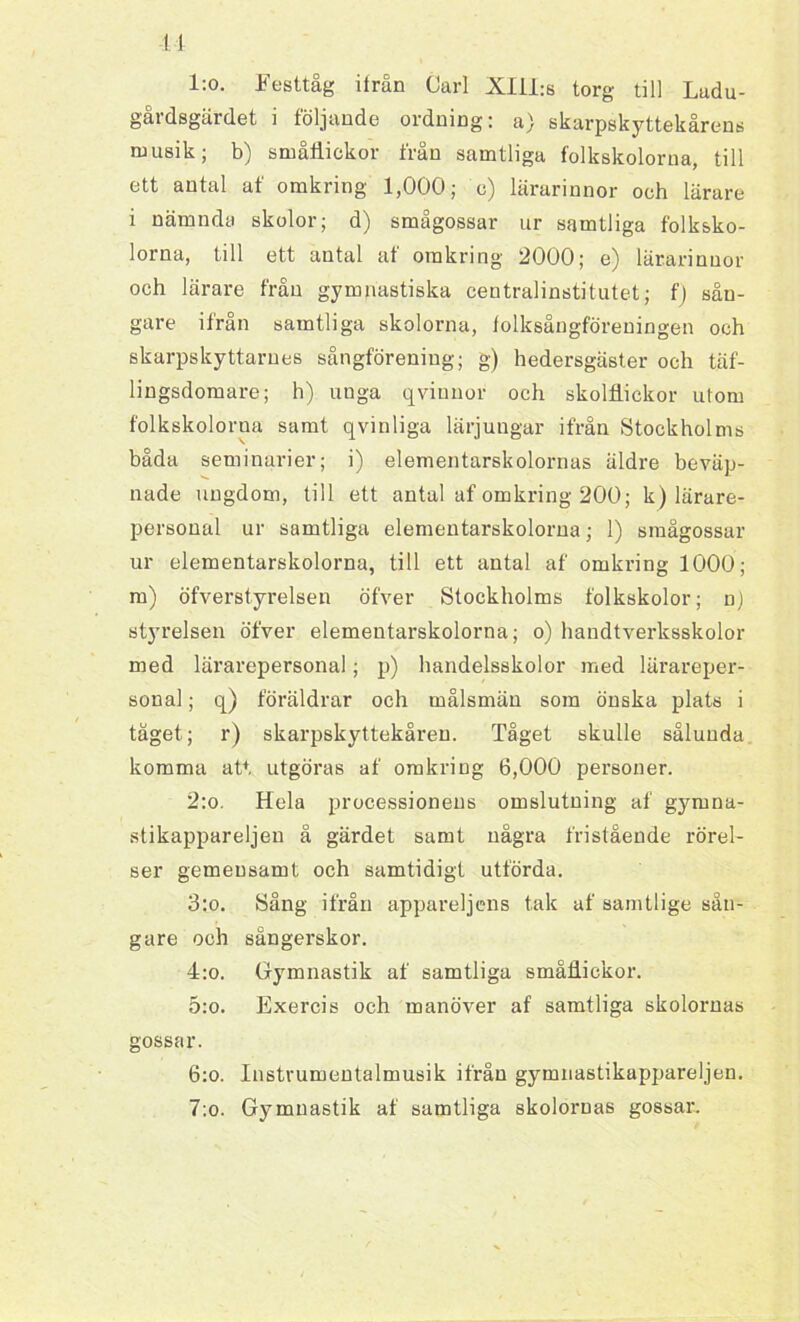 l:o. Festtåg iirån Carl XIlLs torg till Ladu- gårdsgärdet i följande ordning: a) skarpskyttekårens musik; b) småflickor från samtliga folkskolorna, till ett antal af omkring 1,000; e) lärarinnor och lärare i nämnda skolor; d) smågossar ur samtliga folksko- lorna, till ett antal af omkring 2000; e) lärarinnor och lärare från gymnastiska centralinstitutet; f) sån- gare ifrån samtliga skolorna, folksångföreningen och skarpskyttarues sångförening; g) hedersgäster och täf- lingsdomare; h) unga qvinnor och skolflickor utom folkskolorua samt qvinliga lärjungar ifrån Stockholms båda seminarier; i) elementarskolornas äldre beväp- nade ungdom, till ett antal af omkring 200; k) lärare- personal ur samtliga elementarskolorna; 1) smågossar ur elementarskolorna, till ett antal af omkring 1000; m) öfverstyrelsen öfver Stockholms folkskolor; n) st}Trelsen öfver elementarskolorna; o) handtverksskolor med läi’arepersonal; p) handelsskolor med lärareper- sonal ; q) föräldrar och målsmän som önska plats i tåget; r) skarpskyttekåren. Tåget skulle sålunda komma att utgöras af omkring 6,000 personer. 2:o. Hela processionens omslutning af gyruna- stikappareljen å gärdet samt några fristående rörel- ser gemensamt och samtidigt utförda. 3:o. Sång ifrån appareljens tak af samtlige sån- gare och sångerskor. 4:o. Gymnastik af samtliga småflickor. 5:o. Exercis och manöver af samtliga skolornas gossar. 6:o. Instrumentalmusik ifrån gymnastikappareljen. 7:o. Gymnastik af samtliga skolornas gossar.