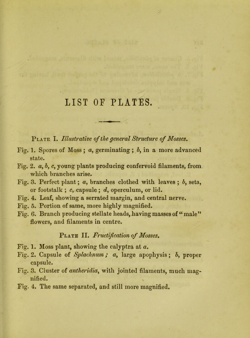 LIST OF PLATES. Plate I. Illustrative of the general Structure of Mosses. Fig. 1. Spores of Moss ; a, germinating ; 6, in a more advanced state. Fig. 2. «, 5, c, young plants producing confervoid filaments, from which branches arise. Fig. 8. Perfect plant; «, branches clothed with leaves ; 6, seta, or footstalk ; c,.capsule; operculum, or lid. Fig. 4. Leaf, showing a serrated margin, and central nerve. Fig. 5. Portion of same, more highly magnified. Fig. 6. Branch producing stellate heads, having masses of “ male” flowers, and filaments in centre. Plate II. Fructification of Mosses. Fig. 1. Moss plant, showing the calyptra at a. Fig. 2. Capsule of Splachnum; a, large apophysis; 5, proper capsule. Fig. 3. Cluster of antheridia, with jointed filaments, much mag- nified.