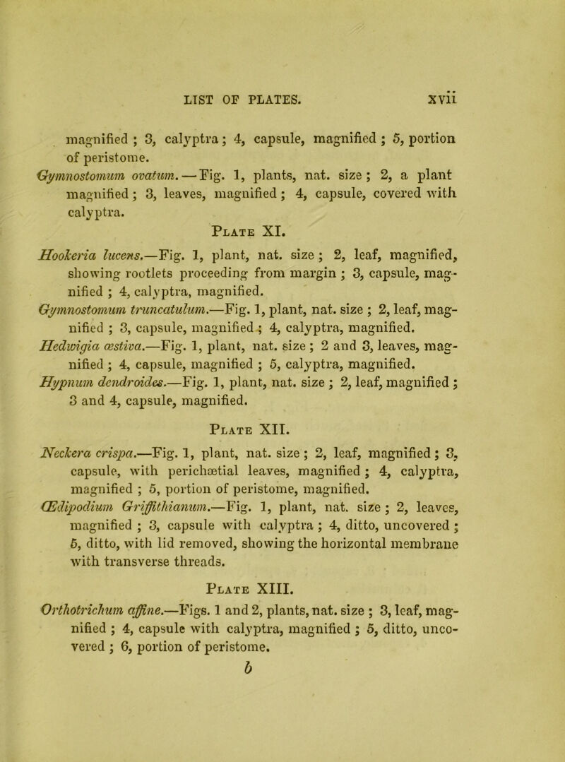 magnified ; 3, calyptra; 4, capsule, magnified ; 5, portion of peristome. Gymnostomum ovatum. — Eig. 1, plants, nat. size; 2, a plant magnified; 3, leaves, magnified; 4, capsule, covered with calyptra. Plate XI. HooTceria lucens.—Fig. 1, plant, nat. size ; 2, leaf, magnified, showing rootlets proceeding from margin ; 3, capsule, mag- nified ; 4, calyptra, magnified. Gymnostomum truncatulum.—Fig. 1, plant, nat. size ; 2, leaf, mag- nified ; 3, capsule, magnified ; 4, calyptra, magnified. Hedwigia oestiva.—Fig. 1, plant, nat. size ; 2 and 3, leaves, mag- nified ; 4, capsule, magnified ; 5, calyptra, magnified. Hypnum dendroid&s.—Fig. 1, plant, nat. size ; 2, leaf, magnified ; 3 and 4, capsule, magnified. Plate XII. NecJcera crispa.—Fig. 1, plant, nat. size; 2, leaf, magnified; 8, capsule, with perichsetial leaves, magnified ; 4, calyptra, magnified ; 5, portion of peristome, magnified. CEdipodium Griffithianum.—Fig. 1, plant, nat. size ; 2, leaves, magnified ; 8, capsule with calyptra ; 4, ditto, uncovered ; 6, ditto, with lid removed, showing the horizontal membrane with transverse threads. Plate XIII. Orthotrichum affine.—Figs. 1 and 2, plants, nat. size ; 3, leaf, mag- nified ; 4, capsule with calyptra, magnified ; 5, ditto, unco- vered ; 6, portion of peristome. b