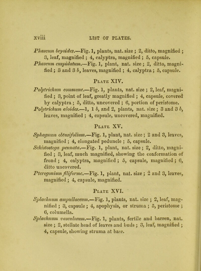 Phascum hryoides.—Fig. 1, plants, nat. size ; 2, ditto, magnified ; 3, leaf, magnified ; 4, calyptra, magnified ; 5, capsule. Phascum cuspidatum.—Fig. 1, plant, nat. size ; 2, ditto, magni- fied ; 3 and 3 leaves, magnified ; 4, calyptra ; 5, capsule. Plate XIV. Polytrichum commune.—Fig. 1, plants, nat. size ; 2, leaf, magni- fied ; 3, point of leaf, greatly magnified ; 4, capsule, covered by calyptra ; 5, ditto, uncovered ; 6, portion of peristome. Polytrichum aloides.—1, 1 h, and 2, plants, nat. size ; 3 and 3 leaves, magnified ; 4, capsule, uncovered, magnified. Plate XV. Sphagnum ohtusifolium.—Fig. 1, plant, nat. size ; 2 and 3, leaves, magnified ; 4, elongated peduncle ; 5, capsule. Schistostcga pennata.—Fig. 1, plant, nat. size; 2, ditto, magni- fied ; 3, leaf, much magnified, showing the conformation of frond ; 4, calyptra, magnified ; 5, capsule, magnified ; G, ditto uncovered. Pterogonium filiforme.—Fig. 1, j)lant, nat. size ; 2 and 3, leaves, magnified ; 4, capsule, magnified. Plate XVI. Spjlachnum ampullaceum.—Fig. 1, plants, nat. size ; 2, leaf, mag- nified ; 3, capsule; 4, apophysis, or struma ; 5, peristome ; G, columella. Splachnum vasculosum.—Fig. 1, plants, fertile and barren, nat. size ; 2, stellate head of leaves and buds ; 3, leaf, magnified ;