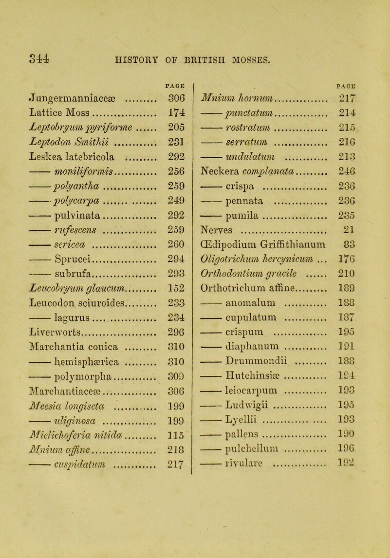 PAGE Jungermanniacese oOG Lattice Moss 17-i Leptobiyum pyriforme 205 Leptodon Smithii 231 Leskea latebricola 292 moniliformis 256 polyantlia 259 polycarpa 249 pulvinata 292 rufescens 259 scricea 260 Spriicei 294 subrufa 293 Leucohryum glaucum 152 Leiicoclon sciuroides 233 lagurus 234 Liverworts 296 Marchantia conica 310 hemisphserica 310 polymorplia SOD Marchaiitiacea) 306 Meesia longiseta 199 nliginosa 199 Midiohofcria nitida 115 Mnium affine 218 cuspidatim 217 PAGE Mnium h o? 'nwn 217 punctatum 214 rostratim 215 serratum 216 undulatum 21.3 Neckera complanata 246 crispa 236 pennata 236 pumila 235 Nerves 21 CEdipodiiim Griffithianum 83 Oligotrichum hercynicum ... 176 Orthodontium groxile 210 Orthotriclium affine 180 anomalum 188 cupulatum 187 crispum 195 diaphanum 191 Drummondii 188 Ilutchinsioc 104 leiocarpum 103 Liidwigii 105 Lyellii 103 pallcns 100 pulchelliim 106 rivulare 192