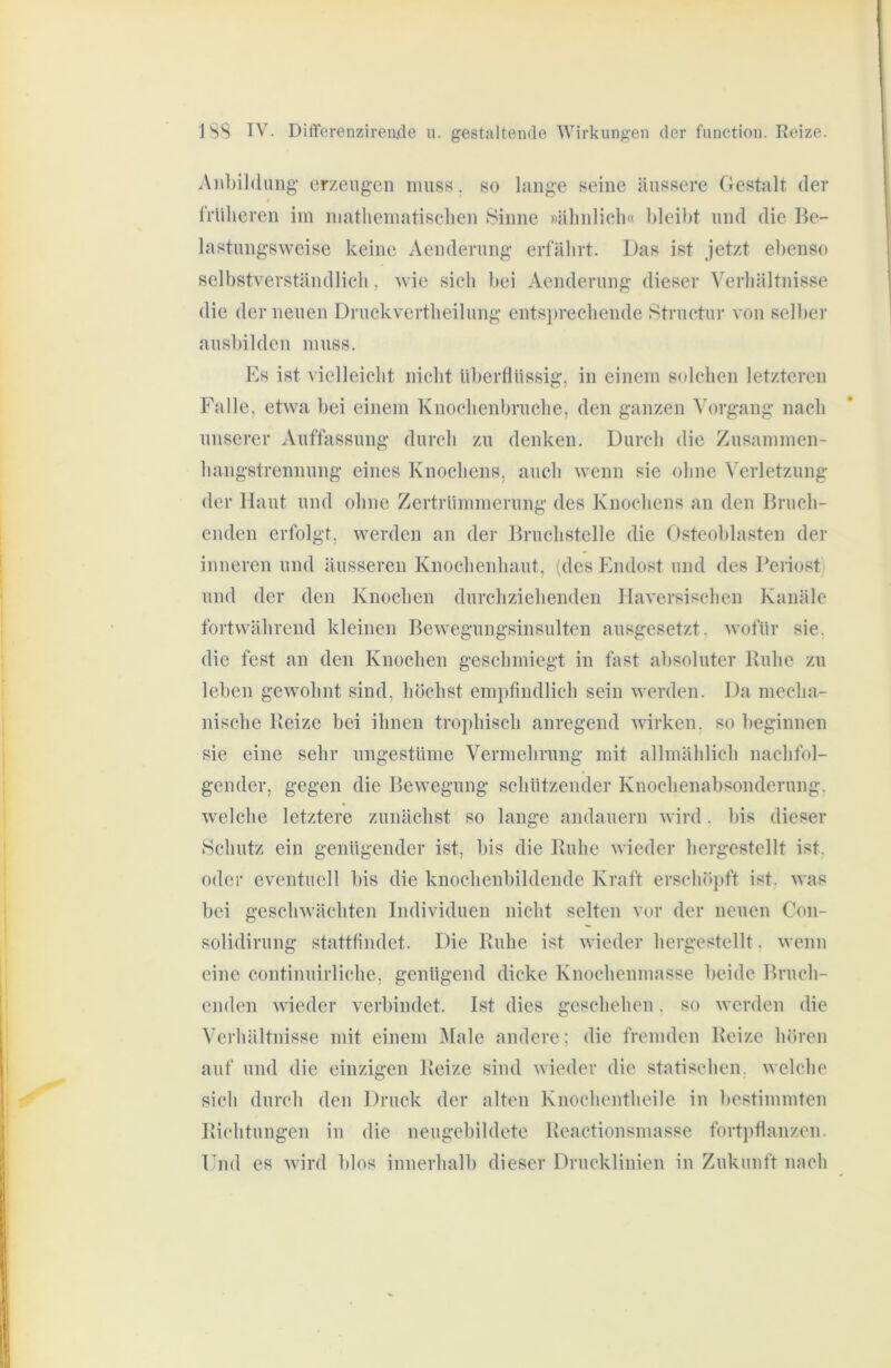 A)il)il(luiig- erzeugen muss, so lange seine äussere Gestalt der IVUlieren im mathematischen Sinne »ähnlich« hleiht und die Be- lastungsweise keine Aenderung erfährt. Das ist jetzt ebenso selbstverständlich, wie sich l»ei Aenderung dieser Verhältnisse die der neuen Druckvertheilung ents})rechende Structur von selber ausbilden muss. Es ist vielleicht nicht überflüssig, in einem S(dchen letzteren Falle, etwa bei einem Knochenbruche, den ganzen Vorgang nach unserer Auffassung durch zu denken. Durch die Zusammen- hangstrennung eines Knochens, auch wenn sie ohne Verletzung der Haut und ohne Zertrümmerung des Knochens an den Bruch- enden erfolgt, werden an der Bruchstelle die Osteoblasten der inneren und äusseren Knochenhaut, (des Endost und des Beriost und der den Knochen durchziehenden llaversischen Kanäle fortwährend kleinen Bewegungsinsulten ausgesetzt, wofür sie. die fest an den Knochen geschmiegt in fast absoluter Ruhe zu leben gewohnt sind, höchst empfindlich sein werden. Da mecha- nische Reize bei ihnen trophisch anregend wirken, so beginnen sie eine sehr ungestüme Vermehrung mit allmählich nachfol- gender, gegen die Bewegung schützender Knochenabsonderung, welche letztere zunächst so lange andauern wird. bis dieser Schutz ein genügender ist, bis die Ruhe wieder hergestellt ist. oder eventuell bis die knochenbildende Kraft erschöj>ft ist, was bei geschwächten Individuen nicht selten vor der neuen Con- solidirung stattfindet. Die Ruhe ist wieder hergestellt, wenn eine continuirliche, genügend dicke Knochenmasse beide Bruch- enden wieder verbindet. Ist dies geschehen. so werden die Verhältnisse mit einem ^fale andere; die fremden Reize hören auf und die einzigen Reize sind wieder die statischen, welche sich durch den Druck der alten Knochentheile in bestimmten Richtungen in die neugebildcte Reactionsmasse fortpflanzen. Und es wird blos innerhalb dieser Drucklinien in Zukunft nach