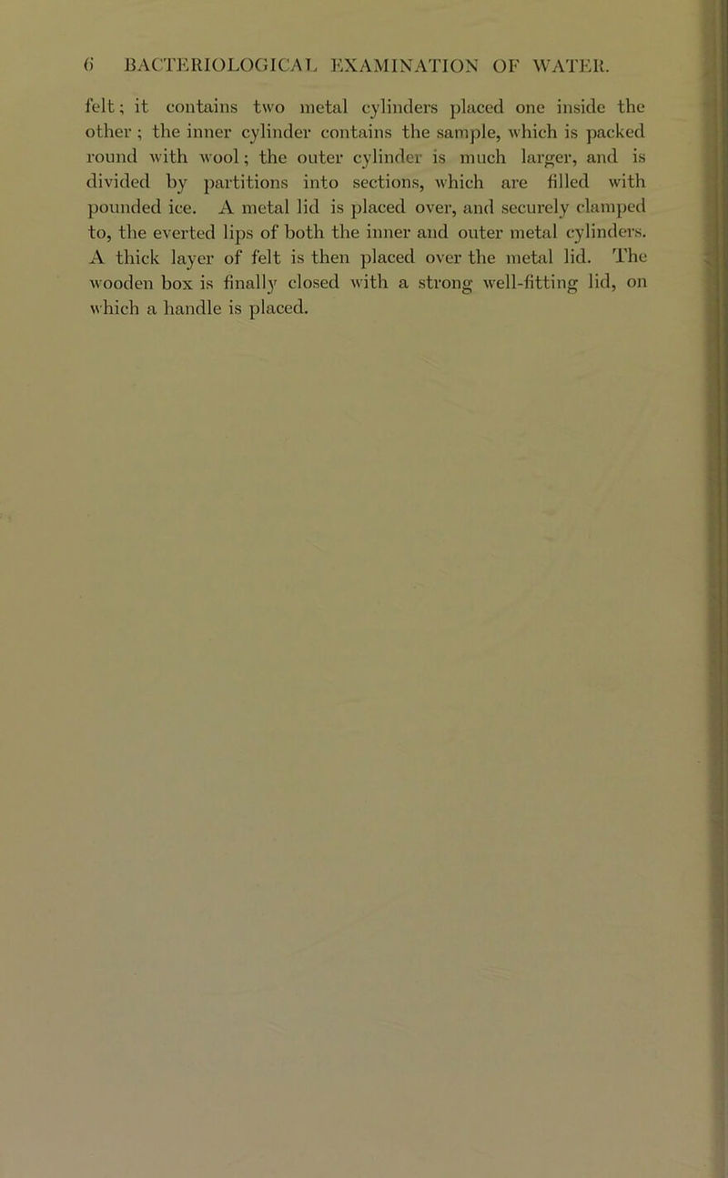 felt; it contains two metal cylinders placed one inside the other; the inner cylinder contains the sample, which is packed round with wool; the outer cylinder is much larger, and is divided by partitions into sections, which are filled with pounded ice. A metal lid is placed over, and securely clamped to, the everted lips of both the inner and outer metal cylinders. A thick layer of felt is then placed over the metel lid. The M ooden box is finally closed with a strong well-fitting lid, on which a handle is placed.