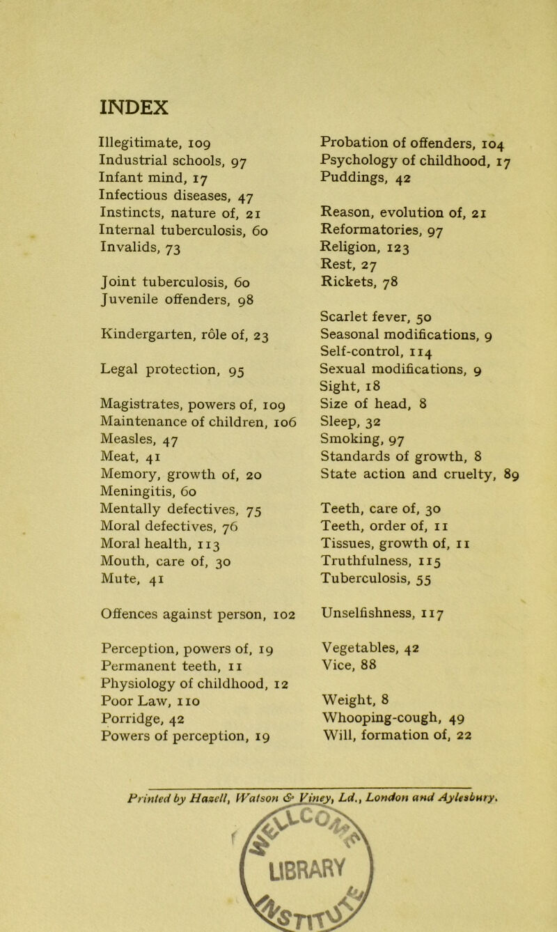 Illegitimate, 109 Industrial schools, 97 Infant mind, 17 Infectious diseases, 47 Instincts, nature of, 21 Internal tuberculosis, 60 Invalids, 73 Joint tuberculosis, 60 Juvenile offenders, 98 Kindergarten, role of, 23 Legal protection, 95 Magistrates, powers of, 109 Maintenance of children, 106 Measles, 47 Meat, 41 Memory, growth of, 20 Meningitis, 60 Mentally defectives, 75 Moral defectives, 76 Moral health, 113 Mouth, care of, 30 Mute, 41 Offences against person, 102 Perception, powers of, 19 Permanent teeth, 11 Physiology of childhood, 12 Poor Law, no Porridge, 42 Powers of perception, 19 Probation of offenders, 104 Psychology of childhood, 17 Puddings, 42 Reason, evolution of, 21 Reformatories, 97 Religion, 123 Rest, 27 Rickets, 78 Scarlet fever, 50 Seasonal modifications, 9 Self-control, 114 Sexual modifications, 9 Sight, 18 Size of head, 8 Sleep, 32 Smoking, 97 Standards of growth, 8 State action and cruelty, 89 Teeth, care of, 30 Teeth, order of, 11 Tissues, growth of, n Truthfulness, 115 Tuberculosis, 55 Unselfishness, 117 Vegetables, 42 Vice, 88 Weight, 8 Whooping-cough, 49 Will, formation of, 22