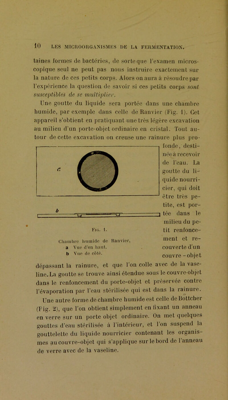 laines formes de bactéries, de sorte que l’examen micros- copique seul ne peut pas nous instruire exactement sur la nature de ces petits corps. Alors on aura à résoudre par l’expérience la question de savoir si ces petits corps sont susceptibles de se multiplier. Une goutte du liquide sera portée dans une chatnl)re humide, par exemple dans celle de Ranvier (Fig. 1). Cet appareil s’obtient en pratiquant une très légère excavation au milieu d’un porte-objet ordinaire en cristal. Tout au- tour de cette excavation on creuse une rainure plus pro- fonde, desti- née à recevoir de l’eau. La goutte du li-^ quide nourri- cier, qui doit être très pe- tite, est por- 3 tée dans le milieu du pe- tit renfonce- ment et re- couverte d'un couvre - objet dépassant la rainure, et que l’on colle avec de la vase- line. La goutte se trouve ainsi étendue sous le couvre-objet dans le renfoncement du porte-objet et préservée contre Fi(i. 1. Eliainl)re lininide de Ranvier, a Vue d’en liant, b Vue de cùté. l’évaporation par l’eau stérilisée qui est dans la ramure. Une autre forme de chanibre humide est celle deBottcher (Fig. 't), que l’on obtient simplement en lixant un anneau en verre sur un porte objet ordinaire. On met quelques gouttes d’eau stérilisée à l’intérieur, et l’on suspend la gouttelette du liquide nourricier contenant les organis- mes au couvre-objet qui s’applique sur le bord de l’anneau de verre avec de la vaseline.