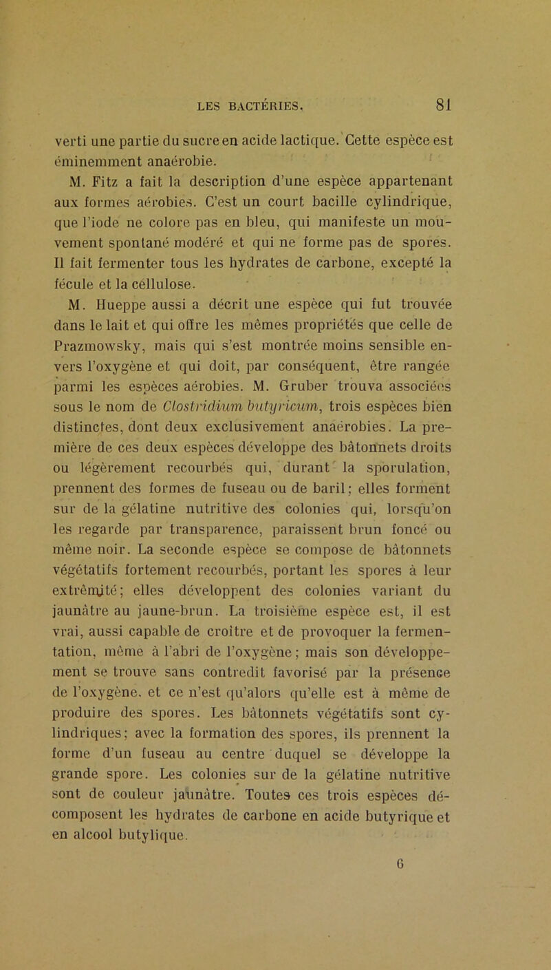 verti une partie du sucre en acide lactique. Cette espèce est éminemment anaérobie. M. Fitz a fait la description d’une espèce appartenant aux formes aérobie.s. C’est un court bacille cylindrique, que l’iode ne colore pas en bleu, qui manifeste un mou- vement spontané modéré et qui ne forme pas de spores. Il fait fermenter tous les hydrates de carbone, excepté la fécule et la cellulose. M. Hueppe aussi a décrit une e.spèce qui fut trouvée dans le lait et qui offre les mêmes propriétés que celle de Prazmowsky, mais qui s’est montrée moins sensible en- vers l’oxygène et qui doit, par conséquent, être rangée parmi les espèces aérobies. M. Gruber trouva associées sous le nom de Clostridium butyricum, trois espèces bien distinctes, dont deux exclusivement anaérobies. La pre- mière de ces deux espèces développe des bâtonnets droits ou légèi’ement recourbés qui, durant'la sporulation, prennent des formes de fuseau ou de baril ; elles forment sur de la gélatine nutritive des colonies qui, lorsqu’on les regarde par transparence, paraissent brun foncé ou même noir. La seconde espèce se compose de bâtonnets végétatifs fortement recourbés, portant les spores à leur extrènûté; elles développent des colonies variant du jaunâtre au jaune-brun. La troisième espèce est, il est vrai, aussi capable de croître et de provoquer la fermen- tation, même à l’abri de l’oxygène; mais son développe- ment se trouve sans contredit favorisé par la présence de l’oxygène, et ce n’est (ju’alors qu’elle est à même de produire des spores. Les bâtonnets végétatifs sont cy- lindriques; avec la formation des spores, ils prennent la forme d’un fuseau au centre duquel se développe la grande spore. Les colonies sur de la gélatine nutritive sont de couleur jaunâtre. Toutes ces trois espèces dé- composent les hydrates de carbone en acide butyrique et en alcool butylique. G