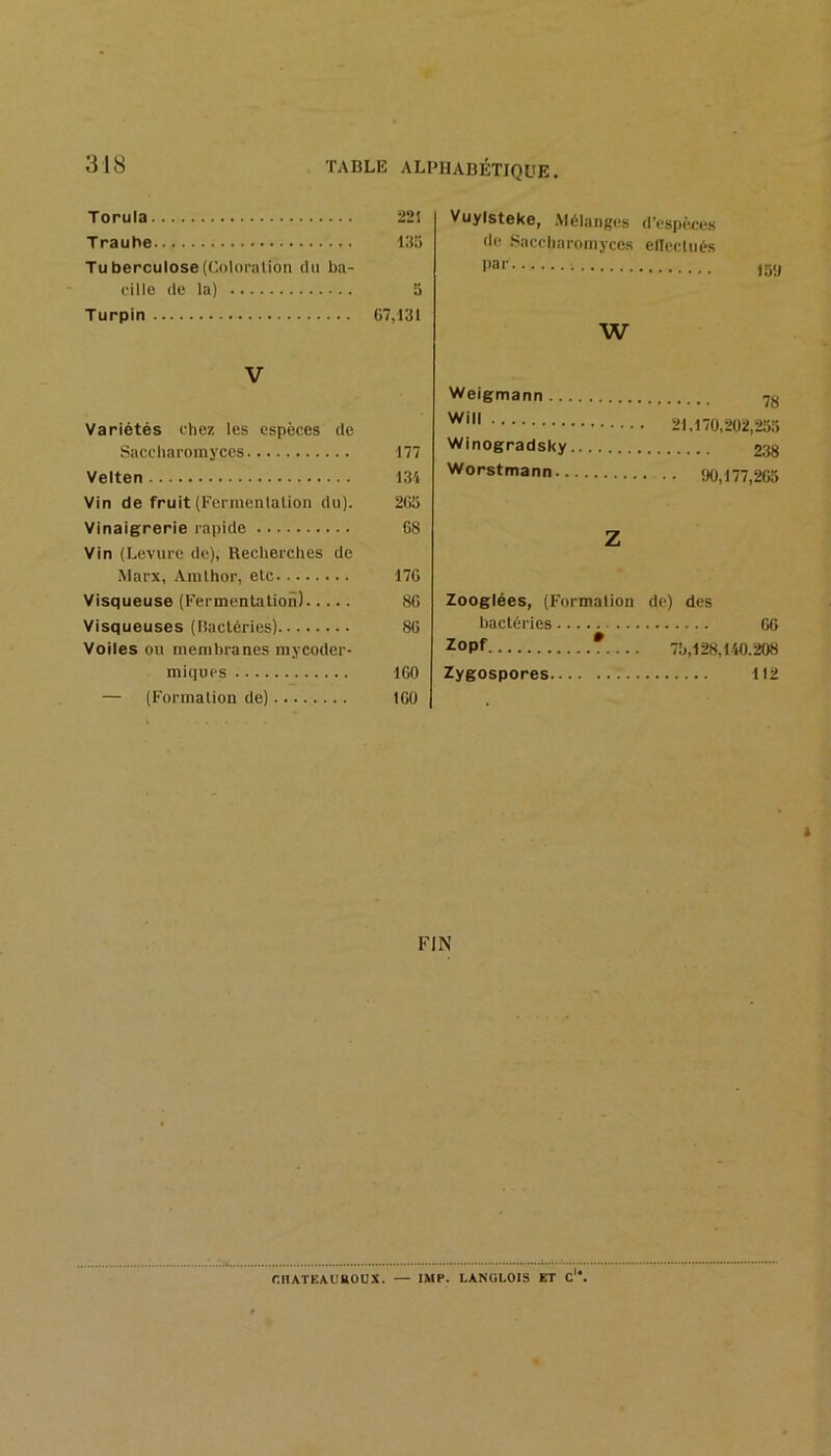 Torula Ü21 Trauhe 135 Tuberculose(Coloralion du ba- cille de la) 3 Turpin G7,131 Vuylsteke, .Mélanges d’cspiices de .‘'accbai-omyces elIecUiés 159 w V Variétés chez les espèces de Saccharomyces 177 Velten 134 Vin de fruit (Fermenlalion du). 2G5 Vinaigrerie rapide 68 Vin (Levure de), Becherches de .Marx, Anilhor, etc 176 Visqueuse (Fermenlalion) 86 Visqueuses (Bactéries) 86 Voiles ou membranes mycoder- mic|UPS 160 — (Formation de) 160 Weigmann 21,170,202,255 Winogradsky 238 Worstmann 90,177,265 Z Zooglées, (Formation de) des bactéries 66 Zopf T 75,128,140.208 Zygospores 112 FIN CIIATEAUROUX. — IMP. LANGLOIS ET C'*.