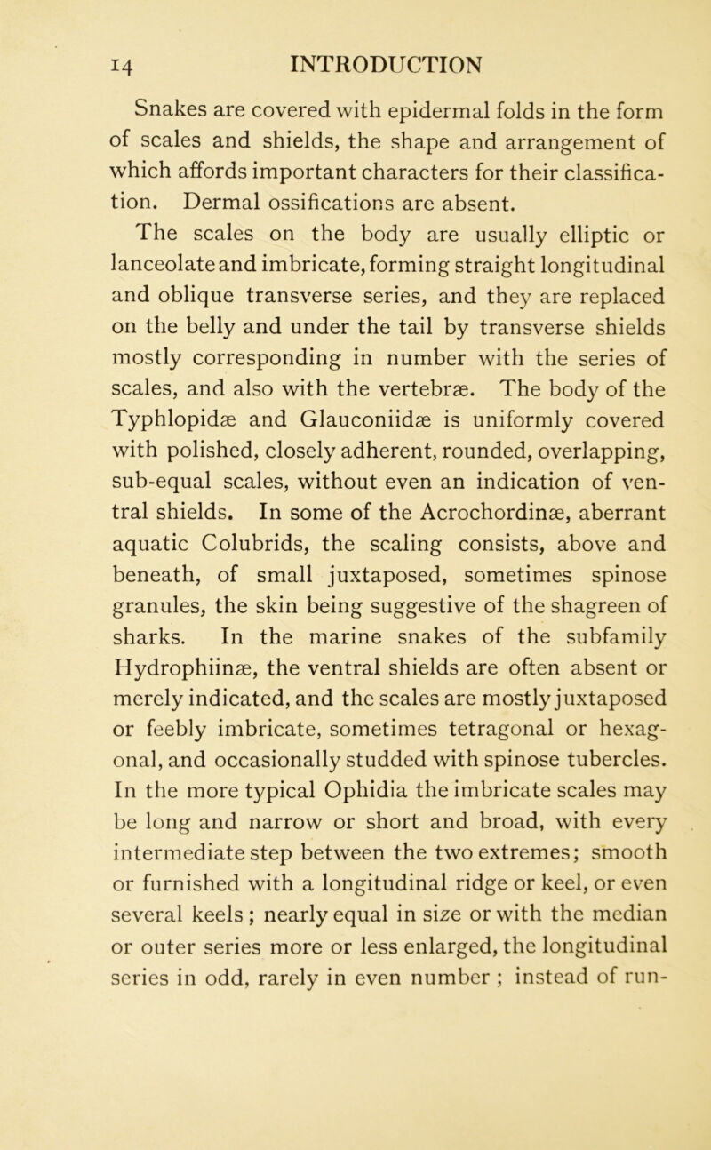 Snakes are covered with epidermal folds in the form of scales and shields, the shape and arrangement of which affords important characters for their classifica- tion. Dermal ossifications are absent. The scales on the body are usually elliptic or lanceolate and imbricate, forming straight longitudinal and oblique transverse series, and they are replaced on the belly and under the tail by transverse shields mostly corresponding in number with the series of scales, and also with the vertebrae. The body of the Typhlopidae and Glauconiidae is uniformly covered with polished, closely adherent, rounded, overlapping, sub-equal scales, without even an indication of ven- tral shields. In some of the Acrochordinae, aberrant aquatic Colubrids, the scaling consists, above and beneath, of small juxtaposed, sometimes spinose granules, the skin being suggestive of the shagreen of sharks. In the marine snakes of the subfamily Hydrophiinae, the ventral shields are often absent or merely indicated, and the scales are mostly juxtaposed or feebly imbricate, sometimes tetragonal or hexag- onal, and occasionally studded with spinose tubercles. In the more typical Ophidia the imbricate scales may be long and narrow or short and broad, with every intermediate step between the two extremes; smooth or furnished with a longitudinal ridge or keel, or even several keels; nearly equal in size or with the median or outer series more or less enlarged, the longitudinal series in odd, rarely in even number ; instead of run-