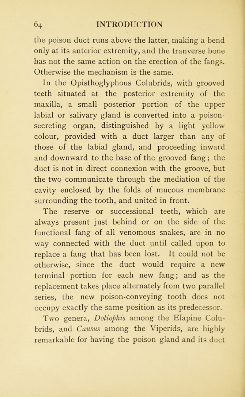the poison duct runs above the latter, making a bend only at its anterior extremity, and the tranverse bone has not the same action on the erection of the fangs. Otherwise the mechanism is the same. In the Opisthoglyphous Colubrids, with grooved teeth situated at the posterior extremity of the maxilla, a small posterior portion of the upper labial or salivary gland is converted into a poison- secreting organ, distinguished by a light yellow colour, provided with a duct larger than any of those of the labial gland, and proceeding inward and downward to the base of the grooved fang; the duct is not in direct connexion with the groove, but the two communicate through the mediation of the cavity enclosed by the folds of mucous membrane surrounding the tooth, and united in front. The reserve or successional teeth, which are always present just behind or on the side of the functional fang of all venomous snakes, are in no way connected with the duct until called upon to replace a fang that has been lost. It could not be otherwise, since the duct would require a new terminal portion for each new fang; and as the replacement takes place alternately from two parallel series, the new poison-conveying tooth does not occupy exactly the same position as its predecessor. Two genera, Doliophis among the Elapine Colu- brids, and Causus among the Viperids, are highly remarkable for having the poison gland and its duct