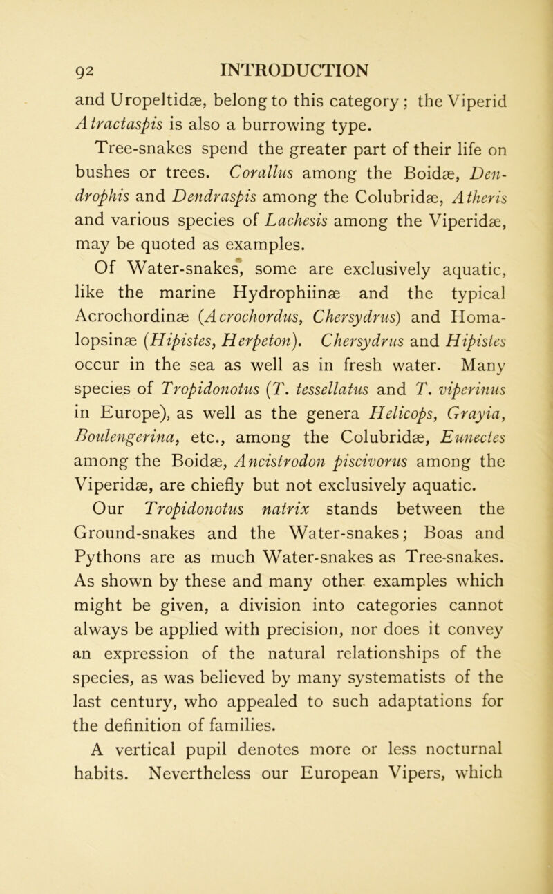 and Uropeltidae, belong to this category; the Viperid A tractaspis is also a burrowing type. Tree-snakes spend the greater part of their life on bushes or trees. Corallus among the Boidse, Den- drophis and Dendraspis among the Colubridse, Atheris and various species of Lachesis among the Viperidse, may be quoted as examples. Of Water-snakes, some are exclusively aquatic, like the marine Hydrophiinae and the typical Acrochordinse (.Acrochordus, Chersydms) and Homa- lopsinae (Hipistes, Herpeton). Chersydms and Hipistes occur in the sea as well as in fresh water. Many species of Tropidonotus (T. tessellatus and T. viperinus in Europe), as well as the genera Helicops, Grayia, Boulengerina, etc., among the Colubridae, Eunectes among the Boidae, Ancistrodon piscivorus among the Viperidae, are chiefly but not exclusively aquatic. Our Tropidonotus natrix stands between the Ground-snakes and the Water-snakes; Boas and Pythons are as much Water-snakes as Tree-snakes. As shown by these and many other examples which might be given, a division into categories cannot always be applied with precision, nor does it convey an expression of the natural relationships of the species, as was believed by many systematists of the last century, who appealed to such adaptations for the definition of families. A vertical pupil denotes more or less nocturnal habits. Nevertheless our European Vipers, which