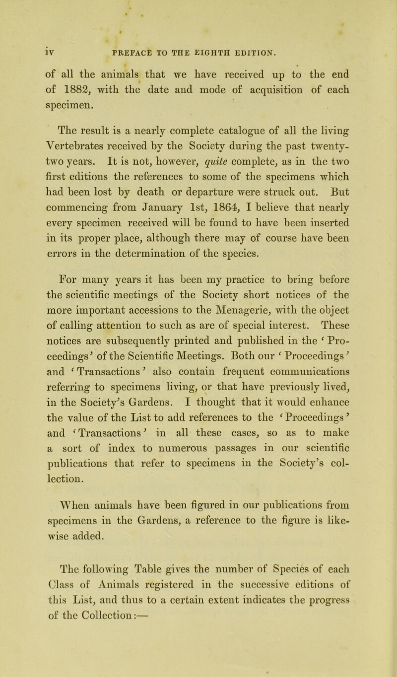 of all the animals that we have received up to the end of 1882, with the date and mode of acquisition of each specimen. The result is a nearly complete catalogue of all the living Vertebrates received by the Society during the past twenty- two years. It is not, however, quite complete, as in the two first editions the references to some of the specimens which had been lost by death or departure were struck out. But commencing from January 1st, 1864, I believe that nearly every specimen received will be found to have been inserted in its proper place, although there may of course have been errors in the determination of the species. For many years it has been my practice to bring before the scientific meetings of the Society short notices of the more important accessions to the Menagerie, with the object of calling attention to such as are of special interest. These notices are subsequently printed and published in the ‘ Pro- ceedings’’ of the Scientific Meetings. Both our f Proceedings ’ and ‘ Transactions9 also contain frequent communications referring to specimens living, or that have previously lived, in the Society's Gardens. I thought that it would enhance the value of the List to add references to the f Proceedings? and ‘ Transactions9 in all these cases, so as to make a sort of index to numerous passages in our scientific publications that refer to specimens in the Society’s col- lection. When animals have been figured in our publications from specimens in the Gardens, a reference to the figure is like- wise added. The following Table gives the number of Species of each Class of Animals registered in the successive editions of this List, and thus to a certain extent indicates the progress of the Collection:—