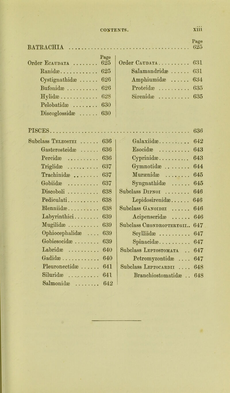 BATRACHIA Page . 625 Order Ecaddata Page . 625 Order Cauda ta . 631 Panidae . 625 Salamandridae . 631 Cystignathidae .... . 626 Amphiumidae . 634 Bufonidae . 626 Proteidae ......... . 635 Hylidae . 628 Sirenidae . 635 Pelobatidae . 630 Discoglossidae .... . 630 PISCES . 636 Subclass Teleostei .... . . 636 Galaxiidae . 642 Gasterosteidae 636 Percidae 636 Triglidae 637 Tracbinidae 637 Gobiidae 637 Discoboli 638 Pediculati 638 Blenniidae 638 Labyrinthici 639 Mugilidae 639 Ophiocephalidae .... 639 Gobiesocidae 639 Labridac 640 Gadidae 640 Plenronectidae 641 Siluridae 641 Salmonidae 642 Esocidae 643 Cyprinidae 643 Gymnotidae 644 Muraenidae 645 Syngnatbidae 645 Subclass Dipnoi 646 Lepidosirenidae 646 Subclass Ganoidei 646 Acipenseridae 646 Subclass Chondeopterygii.. 647 Scylliidae 647 Spiuacidae 647 Subclass Leptostomata . . 647 Petromyzontidae .... 647 Subclass Leptocardii .... 648 Branchiostomatidae . . 648