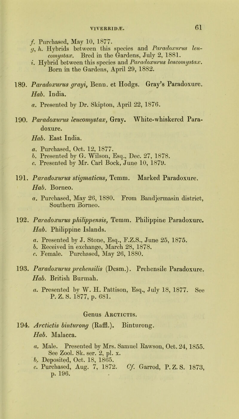 /. Purchased, May 10, 1877. 7, h. Hybrids between this species and Paradoxurus leu- comystax. Bred in the Gardens, July 2, 1881. i. Hybrid between this species and Paradoxurus leucomystax. Born in the Gardens, April 29, 1882. 189. Paradoxurus grayi, Benn. et Hodgs. Gray^s Paradoxure. Hab. India. a. Presented by Dr. Skipton, April 22, 1876. 190. Paradoxurus leucomystax, Gray. White-whiskered Para- doxure. Hab. East India. a. Purchased, Oct. 12, 1877. b. Presented by G. Wilson, Esq., Dec. 27, 1878. c. Presented by Mr. Carl Bock, June 10, 1879. 191. Paradoxurus stigmaticus, Temm. Marked Paradoxure. Hab. Borneo. a. Purchased, May 26, 1880. Erom Bandjermasin district, Southern Borneo. 192. Paradoxurus philippensis, Temm. Philippine Paradoxure. Hab. Philippine Islands. a. Presented by J. Stone, Esq., E.Z.S., June 25, 1875. b. Deceived in exchange, March 28, 1878. c. Eemale. Purchased, May 26, 1880. 193. Paradoxurus prehensilis (Desm.). Prehensile Paradoxure. Hab. British Burmah. a. Presented by W. H. Pattison, Esq., July 18, 1877. See P. Z. S. 1877, p. 681. Genus Arctictis. 194. Arctictis binturong (BaffL). Binturong. Hab. Malacca. a. Male. Presented by Mrs. Samuel Eawson, Oct. 24,1855. See Zool. Sk. ser. 2, pi. x. b. Deposited, Oct. 18, 1865. c. Purchased, Aug. 7, 1872. Cf. Garrod, P. Z. S. 1873, p. 196.