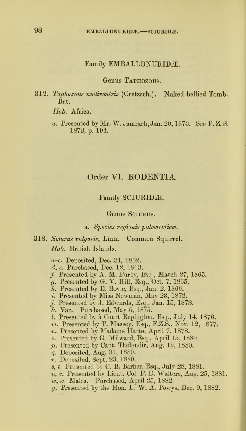 Family EMBALLONURIDiE. Genus Taphozous. 312. Taphozous nudiventris (Cretzsch.). Naked-bellied Tomb- Bat. Hob. Africa. a. Presented by Mr. W. Jamrach, Jan. 20, 1873. See P. Z. S. 1873, p. 194. Order VI. RODENTIA. Family SCIURIDiE. Genus Sciurus. a. Species regionis palcearcticce. 313. Sciurus vulgaris, Linn. Common Squirrel. Hab. British Islands. a-c. Deposited, Dec. 31, 1862. d, e. Purchased, Dec. 12, 1863. /. Presented by A. M. Furby, Esq., March 27, 1865. g. Presented by G. V. Hill, Esq., Oct. 7, 1865. li. Presented by E. Boyle, Esq., Jan. 2, 1866. i. Presented by Miss Newman, May 23, 1872. j. Presented by J. Edwards, Esq., Jan. 15, 1873. Jc. Var. Purchased, May 5, 1875. l. Presented by a Court Bepington, Esq., July 14, 1876. m. Presented by T. Massey, Esq., F.Z.S., Nov. 12, 1877. n. Presented by Madame Harte, April 7, 1878. o. Presented by G. Milward, Esq., April 15, 1880. p. Presented by Capt. Tholandir, Aug. 12, 1880. q. Deposited, Aug. 31, 1880. r. Deposited, Sept. 23, 18S0. s. t. Presented by C. B. Barber, Esq., July 28, 1881. u, v. Presented by Lieut.-Col. F. D. Walters, Aug. 25, 1881. w, x. Males. Purchased, April 25, 1882. y. Presented by the Hon. L. W. A. Powys, Dec. 9, 18S2.