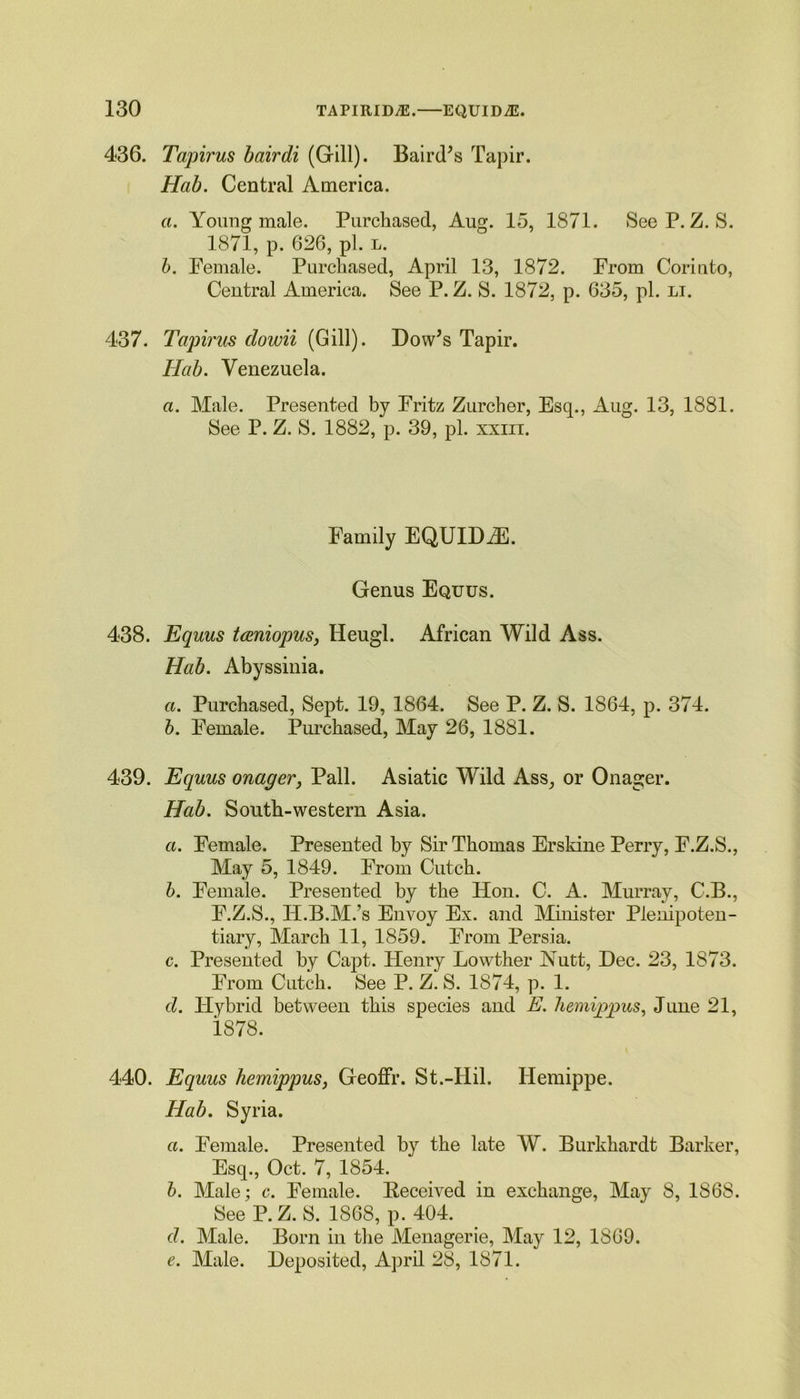 436. Tapirus bairdi (Gill). Baird’s Tapir. Hab. Central America. a. Young male. Purchased, Aug. 15, 1871. See P. Z. S. 1871, p. 626, pi. l. b. Female. Purchased, April 13, 1872. From Corinto, Central America. See P. Z. S. 1872, p. 635, pi. li. 437. Tapirus dowii (Gill). Dow’s Tapir. Hab. Venezuela. a. Male. Presented by Fritz Zurcher, Esq., Aug. 13, 1881. See P. Z. S. 1882, p. 39, pi. xxin. Family EQULDiE. Genus Equus. 438. Equus tamiopus, Heugl. African Wild Ass. Hab. Abyssinia. a. Purchased, Sept. 19, 1864. See P. Z. S. 1864, p. 374. b. Female. Purchased, May 26, 1881. 439. Equus onager, Pall. Asiatic Wild Ass, or Onager. Hab. South-western Asia. a. Female. Presented by Sir Thomas Erskine Perry, F.Z.S., May 5, 1849. From Cutch. b. Female. Presented by the Hon. C. A. Murray, C.B., F.Z.S., H.B.M.’s Envoy Ex. and Minister Plenipoten- tiary, March 11, 1859. From Persia. c. Presented by Capt. Henry Lowther Nutt, Dec. 23, 1873. From Cutch. See P. Z. S. 1874, p. 1. d. Hybrid between this species and E. hemippus, June 21, 1878. 440. Equus hemippus, Geoffr. St.-Hil. Hemippe. Hab. Syria. a. Female. Presented by the late W. Burkhardt Barker, Esq., Oct. 7, 1854. b. Male; c. Female. Keceived in exchange, May 8, 1S68. See P.Z. S. 1868, p. 404. d. Male. Born in the Menagerie, May 12, 1869. e. Male. Deposited, April 28, 1871.