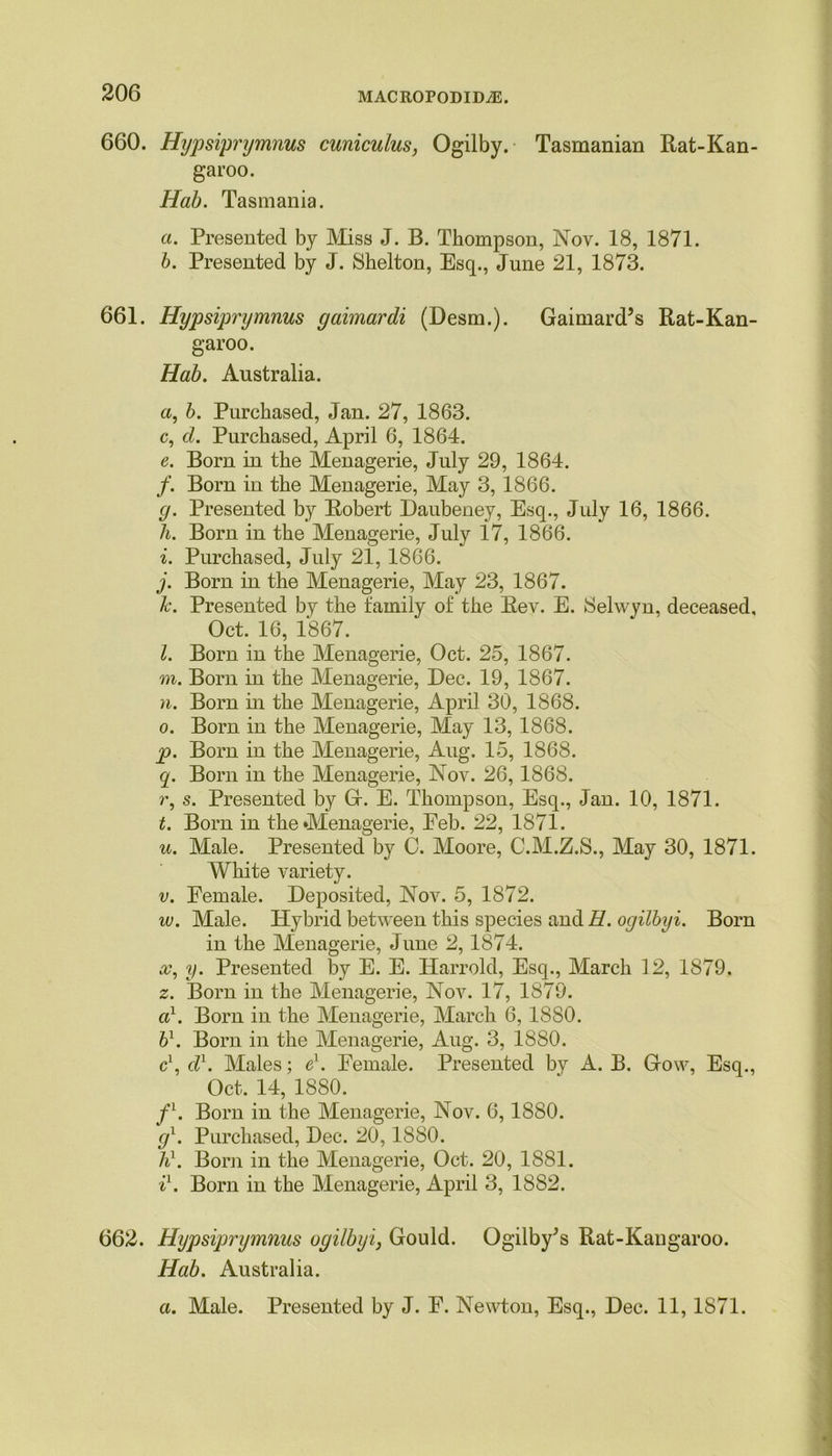 660. Hypsiprymnus cuniculus, Ogilby. Tasmanian Rat-Kan- garoo. Hab. Tasmania. a. Presented by Miss J. B. Thompson, Nov. 18, 1871. b. Presented by J. Shelton, Esq., June 21, 1873. 661. Hypsiprymnus gaimardi (Desm.). Gaimard’s Rat-Kan- garoo. Hab. Australia. a, b. Purchased, Jan. 27, 1863. c. d. Purchased, April 6, 1864. e. Born in the Menagerie, July 29, 1864. /. Born in the Menagerie, May 3,1866. g. Presented by Robert Daubeney, Esq., July 16, 1866. li. Born in the Menagerie, July 17, 1866. i. Purchased, July 21, 1866. j. Born in the Menagerie, May 23, 1867. Tc. Presented by the family of the Rev. E. Selwyn, deceased, Oct. 16, 1867. l. Born in the Menagerie, Oct. 25, 1867. m. Born in the Menagerie, Dec. 19, 1867. n. Born in the Menagerie, April 30, 1868. o. Born in the Menagerie, May 13, 1868. p. Born in the Menagerie, Aug. 15, 1868. q. Born in the Menagerie, Nov. 26,1868. r. s. Presented by G. E. Thompson, Esq., Jan. 10, 1871. t. Born in the Menagerie, Eeb. 22, 1871. u. Male. Presented by C. Moore, C.M.Z.S., May 30, 1871. White variety. v. Female. Deposited, Nov. 5, 1872. w. Male. Hybrid between this species and E. ogilbyi. Born in the Menagerie, June 2,1874. x. y. Presented by E. E. Harrold, Esq., March 12, 1879. z. Born in the Menagerie, Nov. 17, 1879. a1. Born in the Menagerie, March 6, 1880. b1. Born in the Menagerie, Aug. 3, 1880. c\ d1. Males: e1. Female. Presented by A. B. Gow, Esq., Oct. 14, 1880. f1. Born in the Menagerie, Nov. 6,1880. gl. Purchased, Dec. 20,1880. h1. Born in the Menagerie, Oct. 20, 1881. i1. Born in the Menagerie, April 3, 1882. 662. Hypsiprymnus ogilbyi, Gould. Ogilby^s Rat-Kangaroo. Hab. Australia. a. Male. Presented by J. F. Newton, Esq., Dec. 11,1871.