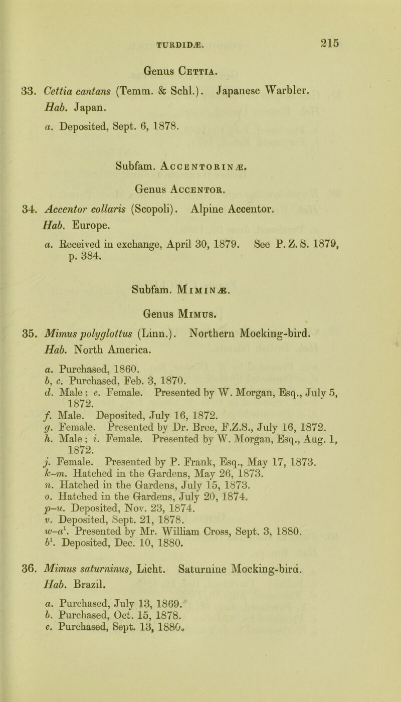 Genus Cettia. 33. Cettia cantans (Temm. & Schl.). Japanese Warbler. Hab. Japan. a. Deposited, Sept. 6, 1878. Subfam. AccentorinvE. Genus Accentor. 34. Accentor collaris (Scopoli). Alpine Accentor. Hab. Europe. a. Received in exchange, April 30, 1879. See P. Z. S. 1879, p. 384. Subfam. Miminje. Genus Mimus. 35. Mimus polyglottus (Linn.). Northern Mocking-bird. Hab. North America. а. Purchased, 1860. б, c. Purchased, Peb. 3, 1870. d. Male; e. Female. Presented by W. Morgan, Esq., July 5, 1872. /. Male. Deposited, July 16, 1872. g. Female. Presented by Dr. Bree, F.Z.S., July 16, 1872. h. Male ; i. Female. Presented by W. Morgan, Esq., Aug. 1, 1872. j. Female. Presented by P. Frank, Esq., May 17, 1873. Jc-m. Hatched in the Gardens, May 26, 1873. n. Hatched in the Gardens, July 15, 1873. o. Hatched in the Gardens, July 20, 1874. p-u. Deposited, Nov. 23, 1874. v. Deposited, Sept. 21, 1878. w-a1. Presented by Mr. William Cross, Sept. 3, 1880. 61. Deposited, Dec. 10, 1880. 36. Mimus saturninus, Licht. Saturnine Mocking-bird. Hab. Brazil. a. Purchased, July 13, 1869. b. Purchased, Oct. 15, 1878.