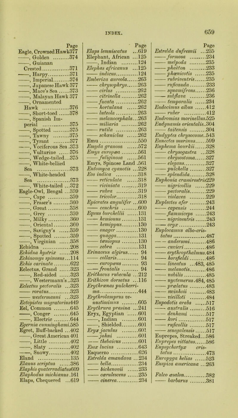 Page Eagle, Crowned Hawk377 , Golden 374 , women . Guianan Crested .371 , Harpy .371 , Imperial .374 , J apanese Hawk 377 , Mace’s Sea .373 , Malayan Hawk 377 , Ornamented Hawk .376 , Short-toed .378 , Spanish Im- perial .375 , Spotted .375 , Tawny .375 , Tyrant .377 , Vociferous Sea .373 , Vulturine .376 , Wedge-tailed.. .375 , White-bellied Sea .373 , White-headed Sea , White-tailed .. .372 Eagle-Owl, Bengal .. .359 , Cape .359 , Fraser’s .360 , Great .358 , Grey .359 , Milky .360 , Oriental .360 , Savigny’s ,.359 , Spotted 359 , Virginian ,.358 Echidna ,.208 Echidna hystrix ..208 Echinomys spinosus.. ..114 Echis carinata ..622 Eclectus, Grand ..323 , Bed-sided ..323 , Westermann’s ..323 Eclectus pectoralis ., ..323 roratus .323 westermcinni .. .323 Ectopistes migratorhis4A9 Eel, Common .645 , Conger 645 , Electric Egernia cunninghami.585 Egret, Buff-backed .. .402 , Great American 401 , Little ..402 , Slaty ..402 , Snowy ..402 Eland ..135 Elanus script us ..386 Elaphis quaterradiatusfiOS Elaphodus michianus .161 Elaps, Chequered . ..619 Page Elaps lemniscatus ...619 Elephant, African ...125 , Indian 124 Elephas africanus ... 125 indicus 124 Emberiza aureola 263 chrysophrys 263 cirlus 262 citrinella 262 fucata 262 hortulana 262 luteola 263 melanocephala... 263 miliaria 262 rutila 263 schceniclus 262 Emu 550 Emyda granosa 572 Emys europcea 561 fuliginosa 561 Emys, Spinose Land .561 Entomyza cyanotis ...228 Eos indie a 318 reticulata 318 riciniata 319 rubra 319 tricolor 318 Epi crates angulifer ...600 cenchris 600 Equus burchellii 131 hemionus 131 hemippus 130 onager 130 quagga 131 tceniopus 130 zebra 131 Erinaceus algirus 94 collaris 94 europceus 93 frontalis 94 Erithacus rubecula ...212 Erithizon dorsatus ...116 Erythroenas pulcherri- ma 444 Erythrolamprus ve- nustissimus 605 Erytlirura prasina ... 241 Eryx, Egyptian 601 , Indian 601 , Shielded 601 Eryx jciculus 601 johni 601 thebaicus 601 Esox lucius 643 Esquerzo 626 Estrelda amandava ...234 bella 234 bichenovii 233 carulescens 235 cinerea 234 Page Estrelda dufresnii ...235 formosa 234 melpoda ....235 phaeton ....233 phcenicotis .. ....235 rubriventris.. ....235 ruficauda 233 squamifrons.. ....236 subflava ....236 temporalis .. ....234 Eudocimus albus .. ....412 ruber 412 Eudromicis morinellus.525 Eudynamis orientalis..304 taitensis ....304 Eudyptes chrysocome.,513 Eunectes murinus.. 599 Euphema bourkii.. 328 chrysogastra ...328 chry so stoma.. ....327 elegans ....327 —— pulchella 327 splendida 328 Euphonia crassirostris229 nigricollis .. 229 pectoralis 229 violacea 229 Euplectes afer 243 capensis 244 flammiceps .. 243 nigriventris .. 243 oryx 243 Euplocamus albo-cris- tatus 487 andersoni 486 cuvieri 486 erythropthcdmicsA%± horsfieldi 486 lineatus ...483, 485 melanotis ....486 nobilis 485 nyctemerus .484,485 prcelatus 483 swinhoii 483 vieilloti 484 Eupodotis arabs .. 517 australis 516 —— denhami 517 Jcori ....517 ruficollis 517 senegalensis.. 517 Euprepes, Streaked...586 Euprepes vittatus 586 Eupsychortyx cris- tatus 473 Europygci helias 523 jEuspiza americana ...263 Falco cesalon 382 bar bar us 381