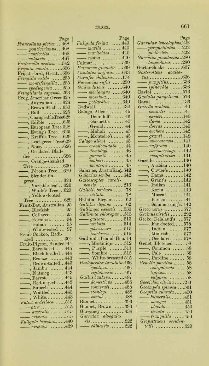 Page Fi'ancolinus pieties ... 468 ponticerianus ...468 rubricollis 468 vulgaris 467 Fratercula arctica ...542 Fregata a quit a 396 Frigate-bird, Great...396 FringiUa Calebs 255 montifringilla.. .255 spodiogenia 255 Fringillaria capensis.. 263 Frog, American Green625 , Australian 626 , Brown Mud ...630 , Bull 625 , CkangeableTree628 , Edible 625 , European Tree.628 , Ewing’s Tree...629 , Krefft’s Tree ...629 , Leaf-green Tree 629 , Noisy 626 , Ocellated Blad- der 626 —, Orange-shanked Tree 630 JL It tJ , Peron’s Tree .. .629 ■, Slender-fin- gered .626 , Variable leaf .. .629 , White’s Tree .. .629 , Yellow-footed Tree .629 Fruit-Bat, Australian 95 , Blackish .. 95 , Collared .. 95 , Formosa .. 94 . Indian .. 95 , White-eared . .. 97 Fruit-Cuckoo, Radi- ated ..304 Fruit-Pigeon, Banded444 , Bare-faced .... ..445 , Black-headed. ..444 , Bronze ..443 , Brown-tailed. ..443 , Jambu ..444 , Nutmeg ..443 , Parrot ..445 , Red-naped.... ..443 , Superb ..444 , Wattled ..443 , White ..443 Fulica ardesiaca — ..515 atra ..515 australis cristata Fuligula brunnea.... 440 cristata ..439 Page Fuligula ferina 440 marila 440 mariloides 440 rufina 440 Fulmar 539 Fulmarus glacialis ...539 Fundulus majalis 643 Furcifer chilensis 174 Furnarius rufus 290 Gadus luscus 640 merlangvs 640 morrhua 640 pollachius 640 Gadwall 432 Galago, Allen’s 45 , Demidoff's 46 , Garnett’s 45 , Grand 44 , Maholi 45 , Monteiro’s 45 Galago alleni 45 crassicaudata ... 44 demidoffi 46 gar net ti 45 maholi 45 monteiri 45 Galaxias, Australian)..642 Galaxias scriba 642 Galeoscoptes caroli- nensis 216 Galictis barbcira 78 vittata 78 Galidia, Elegant 62 Galidia elegans 62 Gallinago coelestis ...530 Gallinula chloropus ...513 galeata 513 nesiotis 514 phcenicura 515 tenebrosa 515 Gallinule, Island-Hen514 , Martinique 512 , Purple 511 , Sombre 515 , White-breasted 515 Galloperdix lunulata .466 spadicea 466 zeylonensis 467 Gallus bankiva 487 domesticus 488 sonnerati 488 stanleyi 488 varius 488 Gannet 396 Gannet, Brown 396 Garganey 434 Garrulax albogula- ris 222 chinensis 222 Page Garrulax leucolophus'l'Fl perspicillatus .. .222 picticollis .222 Garndus glandarius. ..280 lanceolatus .280 Garter-Snake .607 Gasterosteus aculea - tus .636 pungitius .636 spinachia .636 Gavial .576 Gavialis gangeticus.. .576 Gayal .133 Gazella arabica .140 bennetti ,.141 cuvieri ..140 daraa ..142 dorcas ..140 euchore .142 • granti ..142 muscatensis ..141 rufifrons ..140 scemmerringi . ..142 subgutturosa . ..141 Gazelle ..140 , Arabian ..140 , Cuvier’s ..140 , Dama ..142 , Grant’s ..142 , Indian ..141 , Korin ..140 , Muscat ..141 , Persian ..141 , Soemmerring’s ..142 Gecco verus ..577 Gecinus viridis ..292 Gecko, Delaland’s . ..577 , Fan-footed.... ..578 , Indian ..577 , Moorish ..577 , Ocellated .... ..578 Genet, Blotched .. 58 , Common .. 58 , Pale , Pardine .. 58 Genetta pardina .. 58 senegalensis.... .. 58 tigrina .. 58 vidgaris .. 58 Geocichla citrina .... ,..211 Geoemyda spinosa .. ..561 Geopelia cuneata.... ..450 humeralis ...451 maugeei ...451 placida ...450 striata ...450 tranquilfa .... ...450 Geopsittacus occiden- talis 329