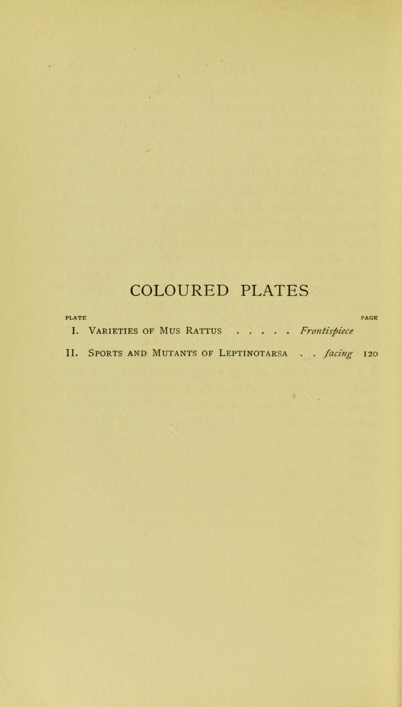 COLOURED PLATES PLATE I. Varieties of Mus Rattus Frontispiece II. Sports and Mutants of Leptinotarsa . . facing PAGE 120