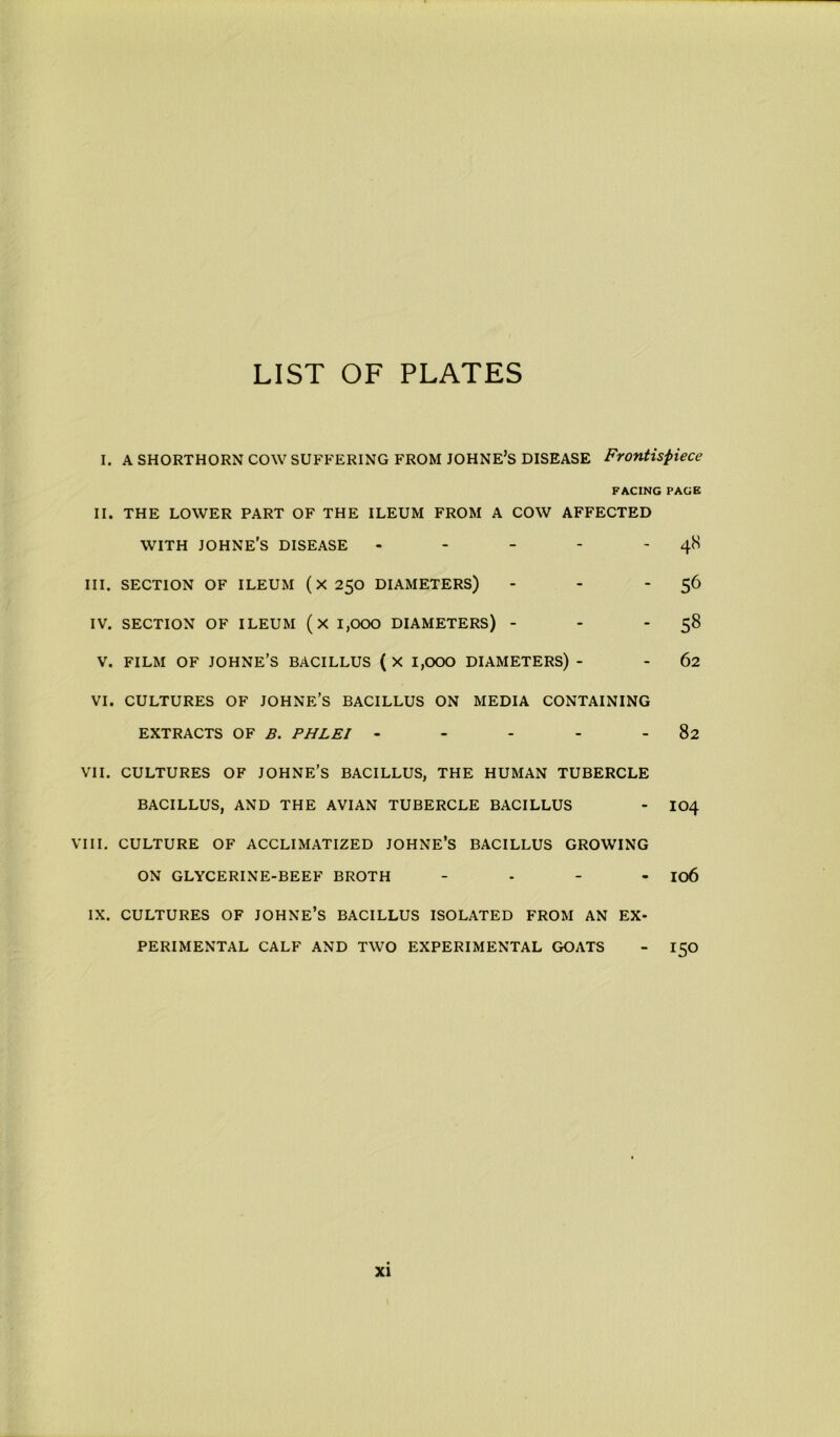 LIST OF PLATES I. A SHORTHORN COW SUFFERING FROM JOHNE’S DISEASE Frontispiece FACING PAGE II. THE LOWER PART OF THE ILEUM FROM A COW AFFECTED WITH JOHNE’S DISEASE - - - - - 48 III. SECTION OF ILEUM (X 250 DIAMETERS) - - 56 IV. SECTION OF ILEUM (x 1,000 DIAMETERS) - - -58 V. FILM OF JOHNE’S BACILLUS ( X 1,000 DIAMETERS) - - 62 VI. CULTURES OF JOHNE’S BACILLUS ON MEDIA CONTAINING EXTRACTS OF B. PHLEI - - - - 82 VII. CULTURES OF JOHNE’S BACILLUS, THE HUMAN TUBERCLE BACILLUS, AND THE AVIAN TUBERCLE BACILLUS - 104 VIII. CULTURE OF ACCLIMATIZED JOHNE’S BACILLUS GROWING ON GLYCERINE-BEEF BROTH - 106 IX. CULTURES OF JOHNE’S BACILLUS ISOLATED FROM AN EX- PERIMENTAL CALF AND TWO EXPERIMENTAL GOATS - 150