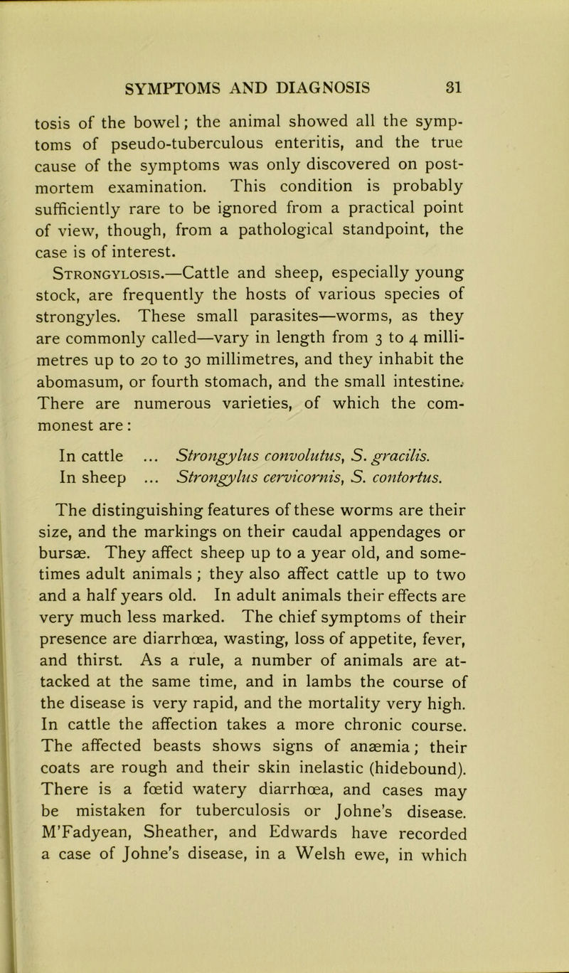 tosis of the bowel; the animal showed all the symp- toms of pseudo-tuberculous enteritis, and the true cause of the symptoms was only discovered on post- mortem examination. This condition is probably sufficiently rare to be ignored from a practical point of view, though, from a pathological standpoint, the case is of interest. Strongylosis.—Cattle and sheep, especially young stock, are frequently the hosts of various species of strongyles. These small parasites—worms, as they are commonly called—vary in length from 3 to 4 milli- metres up to 20 to 30 millimetres, and they inhabit the abomasum, or fourth stomach, and the small intestine.* There are numerous varieties, of which the com- monest are: In cattle ... Strongylus convoliitus, S. gracilis. In sheep ... Strongylus cervicornis} S. contortus. The distinguishing features of these worms are their size, and the markings on their caudal appendages or bursae. They affect sheep up to a year old, and some- times adult animals ; they also affect cattle up to two and a half years old. In adult animals their effects are very much less marked. The chief symptoms of their presence are diarrhoea, wasting, loss of appetite, fever, and thirst. As a rule, a number of animals are at- tacked at the same time, and in lambs the course of the disease is very rapid, and the mortality very high. In cattle the affection takes a more chronic course. The affected beasts shows signs of anaemia; their coats are rough and their skin inelastic (hidebound). There is a foetid watery diarrhoea, and cases may be mistaken for tuberculosis or Johne’s disease. M’Fadyean, Sheather, and Edwards have recorded a case of Johne’s disease, in a Welsh ewe, in which