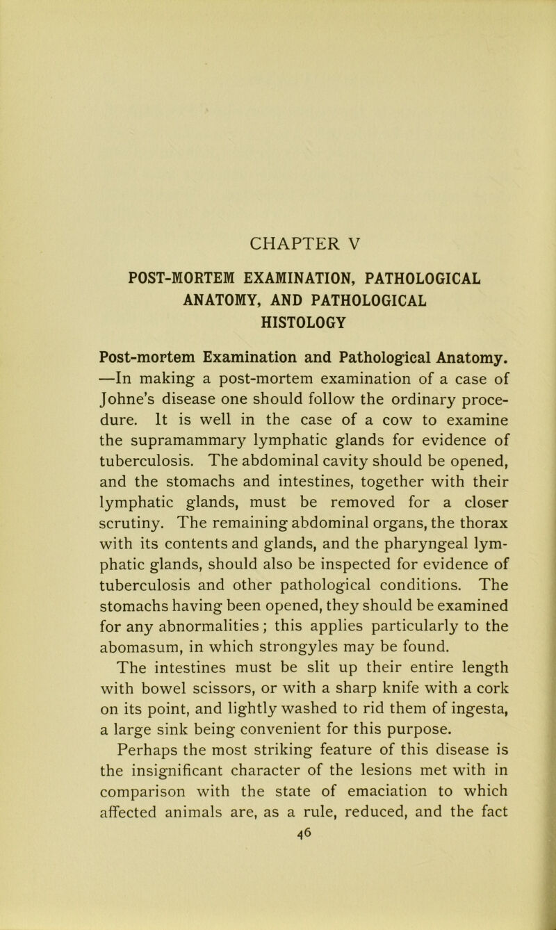 POST-MORTEM EXAMINATION, PATHOLOGICAL ANATOMY, AND PATHOLOGICAL HISTOLOGY Post-mortem Examination and Pathological Anatomy. —In making a post-mortem examination of a case of Johne’s disease one should follow the ordinary proce- dure. It is well in the case of a cow to examine the supramammary lymphatic glands for evidence of tuberculosis. The abdominal cavity should be opened, and the stomachs and intestines, together with their lymphatic glands, must be removed for a closer scrutiny. The remaining abdominal organs, the thorax with its contents and glands, and the pharyngeal lym- phatic glands, should also be inspected for evidence of tuberculosis and other pathological conditions. The stomachs having been opened, they should be examined for any abnormalities; this applies particularly to the abomasum, in which strongyles may be found. The intestines must be slit up their entire length with bowel scissors, or with a sharp knife with a cork on its point, and lightly washed to rid them of ingesta, a large sink being convenient for this purpose. Perhaps the most striking feature of this disease is the insignificant character of the lesions met with in comparison with the state of emaciation to which affected animals are, as a rule, reduced, and the fact