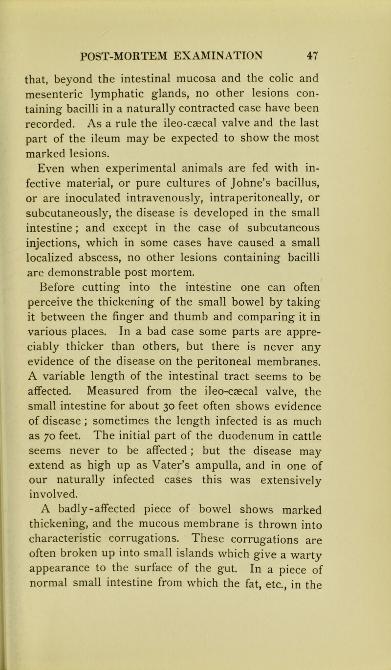 that, beyond the intestinal mucosa and the colic and mesenteric lymphatic glands, no other lesions con- taining bacilli in a naturally contracted case have been recorded. As a rule the ileo-caecal valve and the last part of the ileum may be expected to show the most marked lesions. Even when experimental animals are fed with in- fective material, or pure cultures of Johne’s bacillus, or are inoculated intravenously, intraperitoneally, or subcutaneously, the disease is developed in the small intestine; and except in the case of subcutaneous injections, which in some cases have caused a small localized abscess, no other lesions containing bacilli are demonstrable post mortem. Before cutting into the intestine one can often perceive the thickening of the small bowel by taking it between the finger and thumb and comparing it in various places. In a bad case some parts are appre- ciably thicker than others, but there is never any evidence of the disease on the peritoneal membranes. A variable length of the intestinal tract seems to be affected. Measured from the ileo-caecal valve, the small intestine for about 30 feet often shows evidence of disease; sometimes the length infected is as much as 70 feet. The initial part of the duodenum in cattle seems never to be affected; but the disease may extend as high up as Vater’s ampulla, and in one of our naturally infected cases this was extensively involved. A badly-affected piece of bowel shows marked thickening, and the mucous membrane is thrown into characteristic corrugations. These corrugations are often broken up into small islands which give a warty appearance to the surface of the gut. In a piece of normal small intestine from which the fat, etc., in the