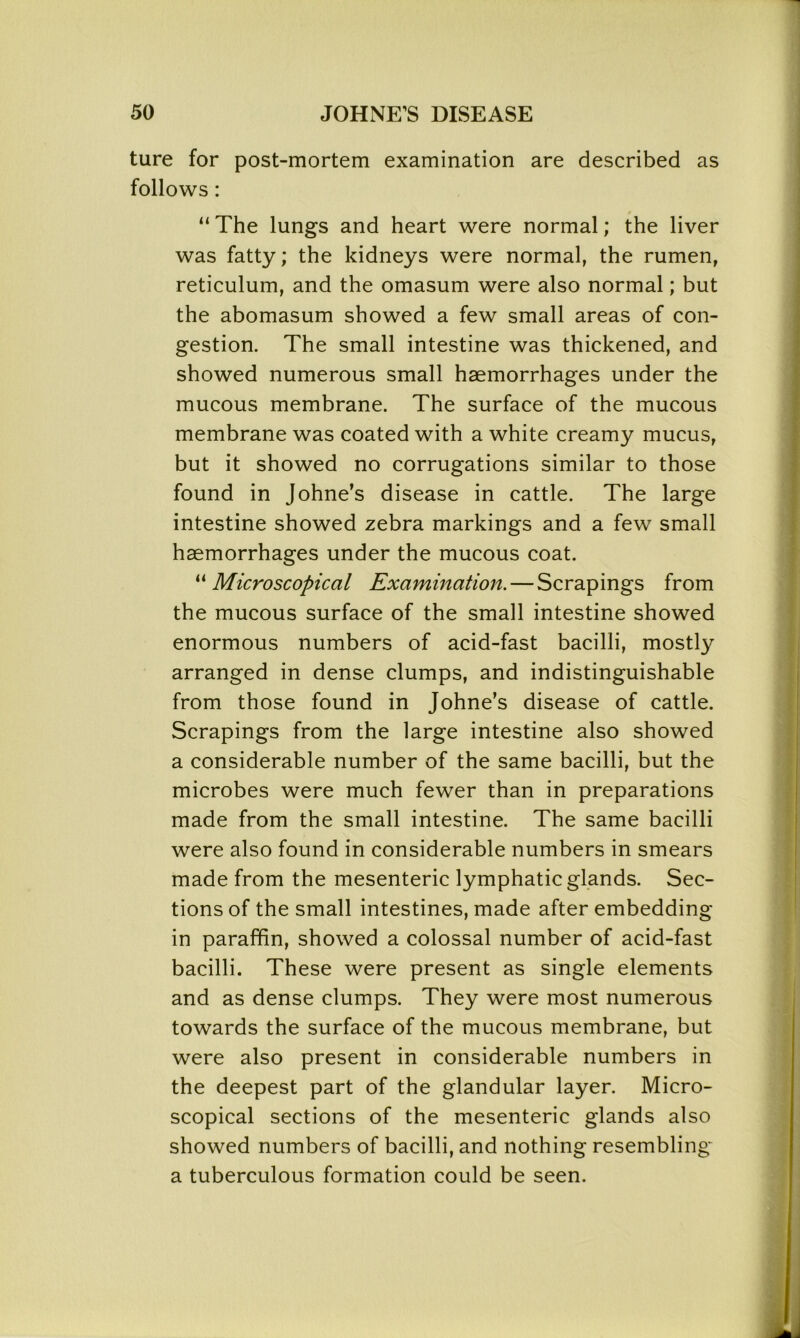 ture for post-mortem examination are described as follows : “ The lungs and heart were normal; the liver was fatty; the kidneys were normal, the rumen, reticulum, and the omasum were also normal; but the abomasum showed a few small areas of con- gestion. The small intestine was thickened, and showed numerous small haemorrhages under the mucous membrane. The surface of the mucous membrane was coated with a white creamy mucus, but it showed no corrugations similar to those found in Johne’s disease in cattle. The large intestine showed zebra markings and a few small haemorrhages under the mucous coat. “ Microscopical Examination. — Scrapings from the mucous surface of the small intestine showed enormous numbers of acid-fast bacilli, mostly arranged in dense clumps, and indistinguishable from those found in Johne’s disease of cattle. Scrapings from the large intestine also showed a considerable number of the same bacilli, but the microbes were much fewer than in preparations made from the small intestine. The same bacilli were also found in considerable numbers in smears made from the mesenteric lymphatic glands. Sec- tions of the small intestines, made after embedding in paraffin, showed a colossal number of acid-fast bacilli. These were present as single elements and as dense clumps. They were most numerous towards the surface of the mucous membrane, but were also present in considerable numbers in the deepest part of the glandular layer. Micro- scopical sections of the mesenteric glands also showed numbers of bacilli, and nothing resembling a tuberculous formation could be seen.