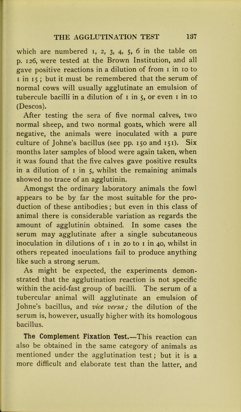 which are numbered i, 2, 3, 4, 5, 6 in the table on p. 126, were tested at the Brown Institution, and all gave positive reactions in a dilution of from 1 in 10 to 1 in 15 ; but it must be remembered that the serum of normal cows will usually agglutinate an emulsion of tubercule bacilli in a dilution of 1 in 5, or even 1 in 10 (Descos). After testing the sera of five normal calves, two normal sheep, and two normal goats, which were all negative, the animals were inoculated with a pure culture of Johne’s bacillus (see pp. 150 and 151). Six months later samples of blood were again taken, when it was found that the five calves gave positive results in a dilution of 1 in 5, whilst the remaining animals showed no trace of an agglutinin. Amongst the ordinary laboratory animals the fowl appears to be by far the most suitable for the pro- duction of these antibodies; but even in this class of animal there is considerable variation as regards the amount of agglutinin obtained. In some cases the serum may agglutinate after a single subcutaneous inoculation in dilutions of 1 in 20 to 1 in 40, whilst in others repeated inoculations fail to produce anything like such a strong serum. As might be expected, the experiments demon- strated that the agglutination reaction is not specific within the acid-fast group of bacilli. The serum of a tubercular animal will agglutinate an emulsion of Johne’s bacillus, and vice versa; the dilution of the serum is, however, usually higher with its homologous bacillus. The Complement Fixation Test.—This reaction can also be obtained in the same category of animals as mentioned under the agglutination test; but it is a more difficult and elaborate test than the latter, and