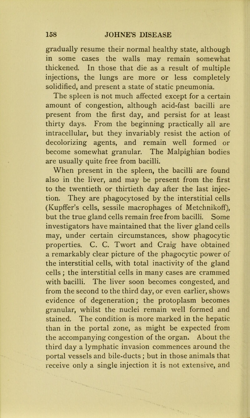 gradually resume their normal healthy state, although in some cases the walls may remain somewhat thickened. In those that die as a result of multiple injections, the lungs are more or less completely solidified, and present a state of static pneumonia. The spleen is not much affected except for a certain amount of congestion, although acid-fast bacilli are present from the first day, and persist for at least thirty days. From the beginning practically all are intracellular, but they invariably resist the action of decolorizing agents, and remain well formed or become somewhat granular. The Malpighian bodies are usually quite free from bacilli. When present in the spleen, the bacilli are found also in the liver, and may be present from the first to the twentieth or thirtieth day after the last injec- tion. They are phagocytosed by the interstitial cells (Kupffer’s cells, sessile macrophages of Metchnikoff), but the true gland cells remain free from bacilli. Some investigators have maintained that the liver gland cells may, under certain circumstances, show phagocytic properties. C. C. Twort and Craig have obtained a remarkably clear picture of the phagocytic power of the interstitial cells, with total inactivity of the gland cells; the interstitial cells in many cases are crammed with bacilli. The liver soon becomes congested, and from the second to the third day, or even earlier, shows evidence of degeneration; the protoplasm becomes granular, whilst the nuclei remain well formed and stained. The condition is more marked in the hepatic than in the portal zone, as might be expected from the accompanying congestion of the organ. About the third day a lymphatic invasion commences around the portal vessels and bile-ducts; but in those animals that receive only a single injection it is not extensive, and