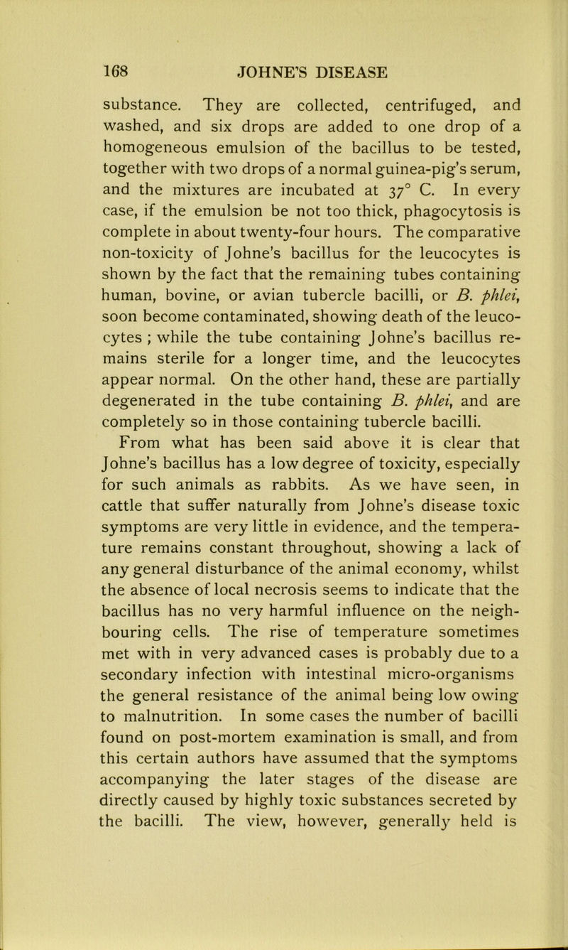 substance. They are collected, centrifuged, and washed, and six drops are added to one drop of a homogeneous emulsion of the bacillus to be tested, together with two drops of a normal guinea-pig’s serum, and the mixtures are incubated at 370 C. In every case, if the emulsion be not too thick, phagocytosis is complete in about twenty-four hours. The comparative non-toxicity of Johne’s bacillus for the leucocytes is shown by the fact that the remaining tubes containing human, bovine, or avian tubercle bacilli, or B. phlei, soon become contaminated, showing death of the leuco- cytes ; while the tube containing Johne’s bacillus re- mains sterile for a longer time, and the leucocytes appear normal. On the other hand, these are partially degenerated in the tube containing B. phlei, and are completely so in those containing tubercle bacilli. From what has been said above it is clear that Johne’s bacillus has a low degree of toxicity, especially for such animals as rabbits. As we have seen, in cattle that suffer naturally from Johne’s disease toxic symptoms are very little in evidence, and the tempera- ture remains constant throughout, showing a lack of any general disturbance of the animal economy, whilst the absence of local necrosis seems to indicate that the bacillus has no very harmful influence on the neigh- bouring cells. The rise of temperature sometimes met with in very advanced cases is probably due to a secondary infection with intestinal micro-organisms the general resistance of the animal being low owing to malnutrition. In some cases the number of bacilli found on post-mortem examination is small, and from this certain authors have assumed that the symptoms accompanying the later stages of the disease are directly caused by highly toxic substances secreted by the bacilli. The view, however, generally held is