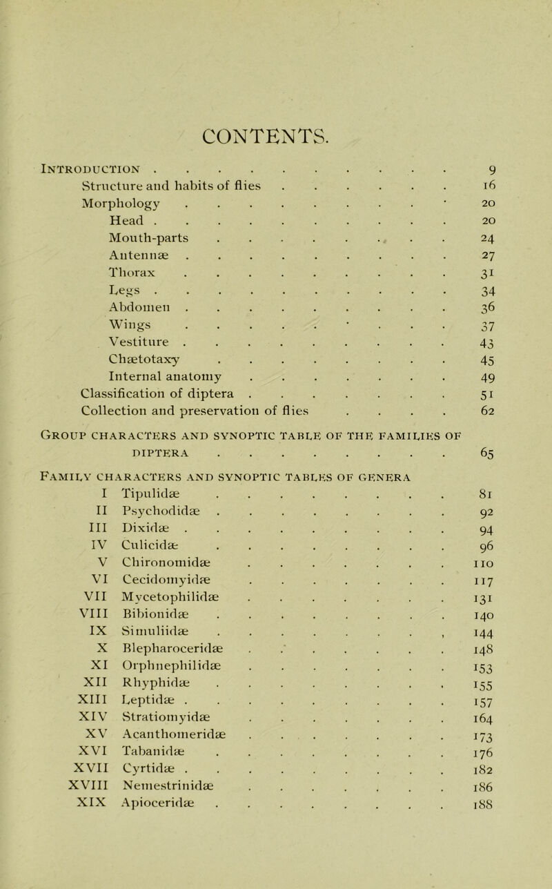 CONTENTS. Introduction 9 Structure and habits of flies ...... 16 Morphology 20 Head .......... 20 Mouth-parts ........ 24 Antennae ......... 27 Thorax ......... 31 Legs 34 Abdomen ......... 36 Wings • 37 Vestiture ......... 43 Chaetotaxy ........ 45 Internal anatomy ....... 49 Classification of diptera ....... 51 Collection and preservation of flies .... 62 Group characters and synoptic table of the families of DIPTERA 65 Family characters and synoptic tables of genera I Tipulidae ........ 81 II Psychodidae ........ 92 III Dixidae ......... 94 IV Culicidae ........ 96 V Chironomidae . . . . . . . no VI Cecidomyidae . . . . . . . 117 VII Mycetophilidae ....... 131 VIII Bibionidae ........ 140 IX Simuliidae ........ 144 X Blepharoceridae 148 XI Orphnephilidae ....... 153 XII Rhyphidae ........ 155 XIII Leptidae ......... 157 XIV Stratiomyidae ....... 164 XV Acanthomeridae . . . . . . . 173 XVI Tabanidae ........ 176 XVII Cyrtidae 182 XVIII Nemestrinidae ....... 186 XIX Apioceridae .... .... 188