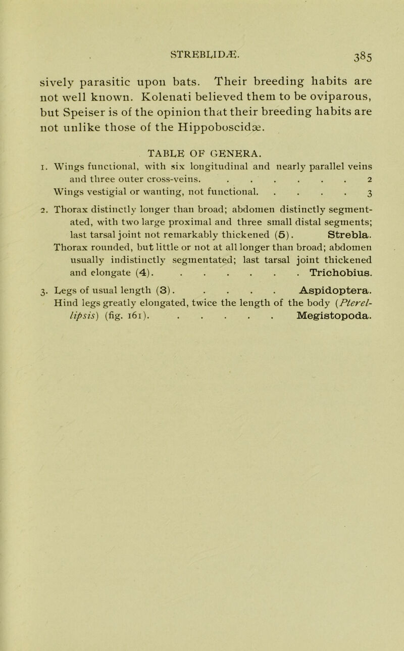 sively parasitic upon bats. Their breeding habits are not well known. Kolenati believed them to be oviparous, but Speiser is of the opinion that their breeding habits are not unlike those of the Hippoboscidoe. TABLE OF GENERA. 1. Wings functional, with six longitudinal and nearly parallel veins and three outer cross-veins. ...... 2 Wings vestigial or wanting, not functional. .... 3 2. Thorax distinctly longer than broad; abdomen distinctly segment- ated, with two large proximal and three small distal segments; last tarsal joint not remarkably thickened (5). Strebla. Thorax rounded, but little or not at all longer than broad; abdomen usually indistinctly segmentated; last tarsal joint thickened and elongate (4). Trichobius. 3. Legs of usual length (3). .... Aspidoptera. Hind legs greatly elongated, twice the length of the body (Pterel- lipsis) (fig. 161). Meglstopoda.