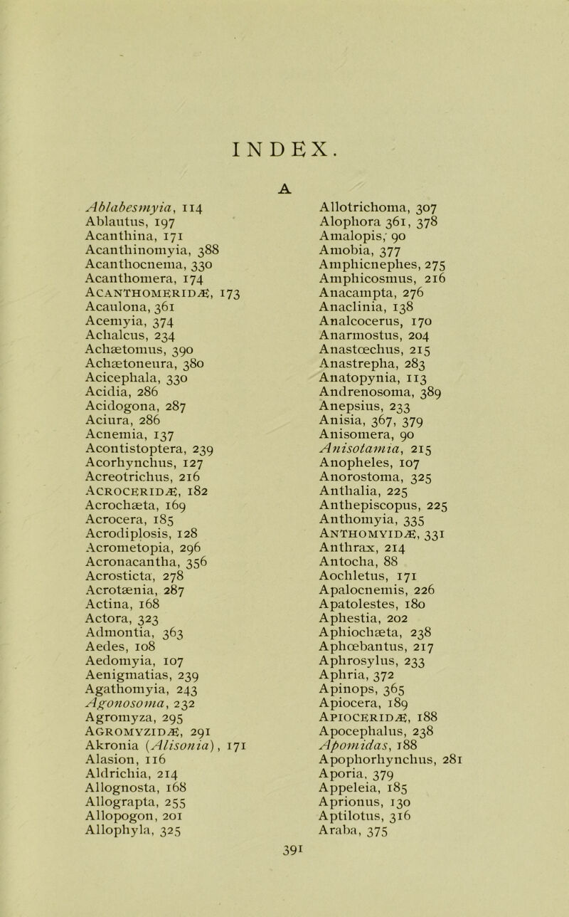 INDEX. Ablabesmyia, 114 Ablautus, 197 Acanthina, 171 Acanthinomyia, 388 Acanthocnema, 330 Acanthomera, 174 Acanthomerid^, 173 Acaulona, 361 Acemyia, 374 Aclialcus, 234 Achaetomus, 390 Achsetoneura, 380 Acicephala, 330 Acidia, 286 Acidogona, 287 Aciura, 286 Acnemia, 137 Acontistoptera, 239 Acorhynchus, 127 Acreotrichus, 216 Acrocerid^E, 182 Acrochaeta, 169 Acrocera, 185 Acrodiplosis, 128 Acrometopia, 296 Acronacantha, 356 Acrosticta, 278 Acrotaenia, 287 Actina, 168 Actora, 323 Admontia, 363 Aedes, 108 Aedomyia, 107 Aenigmatias, 239 Agathomyia, 243 Agonosoma, 232 Agromyza, 295 Agromyzid^e:, 291 Akronia (Alisonia), 171 Alasion, 116 Aldrichia, 214 Allognosta, 168 Allograpta, 255 Allopogon, 201 Allophyla, 325 Allotrichoma, 307 Alophora 361, 378 Amalopis; 90 Amobia, 377 Amphicnephes, 275 Amphicosmus, 216 Anacampta, 276 Anaclinia, 138 Analcocerus, 170 Anarmostus, 204 Anastoechus, 215 Anastrepha, 283 Anatopynia, 113 Andrenosoma, 389 Anepsius, 233 Anisia, 367, 379 Anisomera, 90 Anisotamia, 215 Anopheles, 107 Anorostoma, 325 Antlialia, 225 Anthepiscopus, 225 Anthomyia, 335 Anthomyidze, 331 Anthrax, 214 Antocha, 88 Aocliletus, 171 Apalocnemis, 226 Apatolestes, 180 Aphestia, 202 Aphiochaeta, 238 Aphcebantus, 217 Aphrosylus, 233 Aphria, 372 Apinops, 365 Apiocera, 189 Apioceridze;, 188 Apocephalus, 238 Apomidas, 188 Apophorhynchus, 281 Aporia, 379 Appeleia, 185 A prion us, 130 Aptilotus, 316 Araba, 375 39i