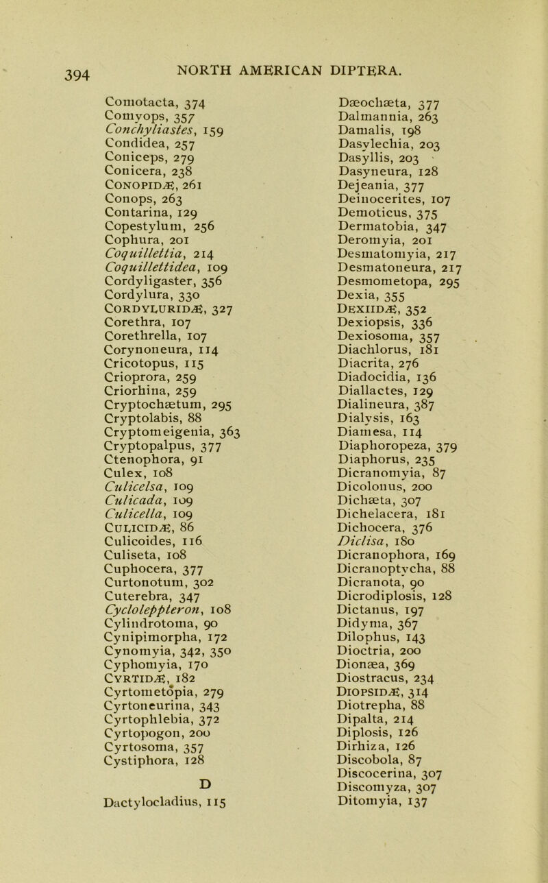 Comotacta, 374 Corny ops, 357 Conchy Hastes, 159 Condidea, 257 Coniceps, 279 Conicera, 238 Conopid^e:, 261 Conops, 263 Contarina, 129 Copestylum, 256 Cophura, 201 Coquillettia, 214 Coquillettidea, 109 Cordyligaster, 356 Cordylura, 330 Cordyeurid^, 327 Corethra, 107 Corethrella, 107 Corytioneura, 114 Cricotopus, 115 Crioprora, 259 Criorhina, 259 Cryptochaetum, 295 Cryptolabis, 88 Cryptomeigenia, 363 Cryptopalpus, 377 Ctenophora, 91 Culex, 108 Cult cels a, 109 Cu lie ad a, 109 Culicella, 109 Cuucid^, 86 Culicoides, 116 Culiseta, 108 Cuphocera, 377 Curtonotum, 302 Cuterebra, 347 Cycloleppteron, 108 Cylindrotoma, 90 Cynipimorpha, 172 Cynomyia, 342, 350 Cyphomyia, 170 CyrTid^, 182 Cyrtoinetopia, 279 Cyrtoneurina, 343 Cyrtophlebia, 372 Cyrtopogon, 200 Cyrtosoma, 357 Cystiphora, 128 D Dactylocladius, 115 Daeochaeta, 377 Dalmannia, 263 Damalis, 198 Dasvlechia, 203 Dasyllis, 203 Dasyneura, 128 Dejeania, 377 Deinocerites, 107 Demoticus, 375 Derinatobia, 347 Deromyia, 201 Desmatomyia, 217 Desmatoneura, 217 Desmometopa, 295 Dexia, 355 Dexiid^, 352 Dexiopsis, 336 Dexiosoma, 357 Diachlorus, 181 Diacrita, 276 Diadocidia, 136 Diallactes, 129 Dialineura, 387 Dialysis, 163 Diamesa, 114 Diaphoropeza, 379 Diaphorus, 235 Dicranomyia, 87 Dicolonus, 200 Dichaeta, 307 Dichelacera, 181 Dichocera, 376 Diclisa, 180 Dicranophora, 169 Dicranoptycha, 88 Dicranota, 90 Dicrodiplosis, 128 Dictanus, 197 Didyma, 367 Dilophus, 143 Dioctria, 200 Dionaea, 369 Diostracus, 234 Diopsid^, 314 Diotrepha, 88 Dipalta, 214 Diplosis, 126 Dirhiza, 126 Discobola, 87 Discocerina, 307 Discomyza, 307 Ditomyia, 137