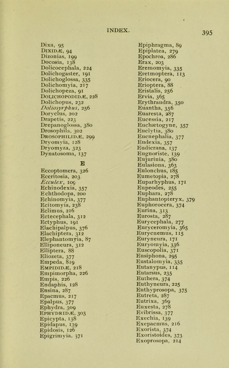 395 Dixa, 95 DixiD/B:, 94 Dizonias, 199 Docosia, 138 Dolicocephala, 224 Dolichogaster, 191 Dolichoglossa, 335 Dolichoniyia, 2J7 Dolichopeza, 91 Douchopodid/E, 228 Dolichopus, 232 Doliosyrphus, 256 Dorvclus, 202 Drapetis, 223 Drepanoglossa, 380 Drosophila, 302 Drosophiud^b, 299 Dry om via, 128 Dryomyza, 323 Dynatosoma, 137 E Eccoptomera, 326 Eccritosia, 203 Ecculex, ioc. Echinodexia, 357 Echthodopa, 200 Echinomyia, 377 Ecitomyia, 238 Eclimus, 216 Ectecephala, 312 Ectyphus, 191 Elachipalpus, 376 Elachiptera, 312 Elephantomyia, 87 Elliponeura, 312 Elliptera, 88 Eliozeta, 377 Empeda, 819 Empidid^E, 218 Empimorpha, 226 Empis, 226 Endaphis, 128 Ensina, 287 Epacmus, 217 Epalpus, 377 Ephydra, 309 Ephydrid/E, 303 Epicypta, 138 Epidapus, 139 Epidosis, 126 Epigrinivia. 371 Epiphragnia, 89 Epiplatea, 279 Epochroa, 286 Erax, 203 Eremornyia, 335 Eretmoptera, 113 Eriocera, 90 Erioptera, 88 Eristalis, 256 Ervia, 365 Erythrandra, 350 Euantha, 356 Euaresta, 287 Eucessia, 217 Euchaetogyne, 357 Euclytia, 380 Eucnephalia, 377 Eudexia, 357 Eudicrana, 137 Eugnoriste, 139 Eujurinia, 380 Eulasiona, 363 Eulonchus, 185 Eumetopia, 278 Euparhyphus, 171 Eupeodes, 255 Euphara, 278 Euphantopteryx, 379 Euphorocera, 374 Eurina, 313 Eurosta, 287 Eurycepliala, 277 Euryceromyia, 365 Eurycnemus, 115 Euryneura, 171 Euryomyia, 336 Euscopolia, 371 Eusiphona, 295 Eustalomyia, 335 Eutanvpus, 114 Eutarsus, 235 Euthera, 374 Euthyneura, 225 Euthyprosopa, 375 Eutreta, 287 Eutrixa, 369 Euxesta, 278 Evibrissa, 377 Exechia, 139 Exepacmus, 216 Exorista, 374 Exoristoides, 373 Exoprosopa, 214
