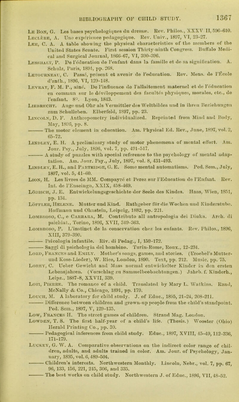 Le Hon, G. Les bases psycholog iques du dress.c. Rev. l’hilos., XXXV I1,59G-610. Lkclf.uk, A. Uno experience pedagogique. Rev. Uuiv., 1897, VI, 23-27. Lee, C. A. A table showing the physical characteristics of tlio members of the United States Senate. First session Thirty-ninth Congress. Buffalo Medi- cal and Surgical Journal, 1860-67, VI, 390-396. Lessualt, P. De l’edueation do 1’enfaut dans la famille et do sa signification. A. Schulz, Paris, 1894, pp. 2G8. Letouuneau, C. Passii, present et avenir do l’educatiou. Rev. Mens, de l’Ecole d’anlh., 1896, VI, 129-118. Levuat, F. M. P., aind. De l’influence do l’allaitement maternel et de Relocation on commun sur lo ddvcloppement des faculty physiques, morales, etc., do l’enfaut. 8°. Lyon, 1813. Likhrecht. Auge und Ohr als Vermittler des Weltbildes und in ihren Beziehungen znm Schulleben. Elberfeld, 1897, pp. 23. Lincoln, D. F. Anthropometry individualized. Reprinted from Mind and Body, May, 1896, pp. 8. The motor element in education. Am. Physical Ed. Rev., June, 1897, vol. 2, Go-72. LinL>ley, E. H. A preliminary study of motor phenomena of mental effort. Am. Jour. Psy., July, 1896, vol. 7, pp. 491-517. A study of puzzles with special reference to the psychology of mental adap- tation. Am. .Tour. Psy., July, 1897, vol. 8, 431-493. Lindley, E. H., and Partridge, G. E. Some mental automatisms. Ped. Sem., July, 1897, vol. 5, 41-60. Lion, H. Les livres de VIM. Corapayre et Perez sur I’Educatiou de l’Enfant. Rev. Int. de l’Euseingn, XXIX, 458-469. LdmscH, J. E. Entwickeluugsgeschichte der Seele des Kindes. Ilaas, Wien, 1851, pp. 134. Lofflek, Helene. Mutter und Kind. Rathgeber f'iir die Wochen and Kinderstnbe. Hoffmann und Ohiistein, Leipzig, 1882, pp. 221. Lombroso, C., e Carrara, M. Contributo all antropologia dei Diuka. Arch, di psicliiat., Torino, 1896, XVII, 349-363. Lombroso, P. L'instinct de la conservation chcz les enfants. Rev. Philos., 1896, XIII, 379-390. Psicologia infantile. Riv. di Pedag., I, 159-172. Saggi di psichologia del bambino. Turin-Rome, Roux., 12-234. Lord, Frances and Emily. Mother’s songs, games, and stories. (Froehel's Mutter- und Kose-Lieder), W. Rice, London, 1890. Text, pp. 212. Music, pp. 75. Lorey, C. Ueher Gewicht and Mass normal outwickelter Kinder in den ersteu Lehensjahren. (Vorschlag zu Sammelbeohaclitungen.) Jahrb. f. Kinderh., Leipz., 1887-8, XXVII, 339. Loti, Pierre. The romance of a child. Translated by Mary L. Watkins. Rand, McNally & Co., Chicago, 1891, pp. 179. Loucii, M. A laboratory for child study. J. of Ednc., 1895, 21-24, 208-211. Difference between children and grown-up people from the child’s standpoint. Ped. Scm., 1897, V, 129-135. Low, Frances II. The street games of children. Strand Mag. London. Lowden, T. S. The first half-year of a child’s life. (Thesis.) Wooster (Ohio) Herald Printing Co., pp. 30. Pedagogical inferences from child study. Educ., 1897, XVIII, 45-49, 112-336, 171-179. Luckey, G. W. A. Comparative observations on the indirect color range of chil- dren, adults, and adults trained in color. Am. Jour, of Psychology, Jan- uary, 1895, vol. 0, 489-504. Children’s interests. Northwestern Monthly. Lincoln, Nebr., vol. 7, pp. 67, 96, 133, 156, 221, 245, 306, and 335. The best works on child study. Northwestern J. of Educ., 1896, VII, 48-52.