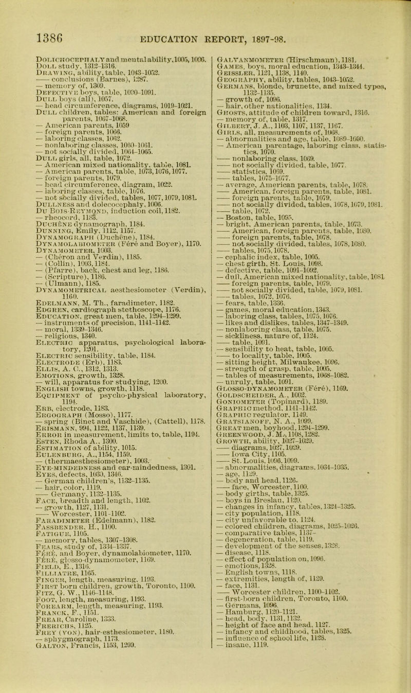 1380 DoLTCHOOEPiTALYand mental ability, 1005, 100C. Doll study, 1312-1316. Di;av.' lxc, ability, table, 1043-10.12. conclusions (Barnes), 1287. — memory of, 1309. Defective boys, table, 1030 1091. Duel boys (all), 1057. — head circumference, diagrams, 1019-1021. Dull children, tables: American and foreign parents, 1067-1068. — American parents, 1059 — foreign parents, 1066. — laboring classes, 1002. — nonlaboring classes. 1060-1001. — not socially divided, 1064-1065. Dull girls, all, table, 1072. — American mixed nationality, table, 1081. — American parents, table, 1073,1076,1077. — foreign parents, 1079. — head circumference, diagram, 1022. — laboring classes, table, 1076. — not sbcially divided, tables, 1077,1079,1081. Dullness and dolecocephaly, 1006. Du Bois-Reymqnd, induction coil, 1182. — rheocord, 1183. Duchene dynamograph, 1184. Dunning, Emily, 1412. 1157. Dynamograph (Duchene), 1184. Dynamolabiometer (Fere and Boyer), 1170. Dynamometer, 1003. — (Cheron and Verdin), 1185. — (Collin), 1003,1184. — (Pfarre), back, chest and leg, 1186. — (Scripture), 1186. — (Ulmann), 1185. Dynamometrical aesthesiomoter (Verdin), 1160. Edei.mann, M. Th., faradimeter, 1182. Edgren, cardiograph stethoscope, 1176. Education, great men, table, 3294-1299. — instruments of precision, 1141-1142. — moral, 1339-1340. — religious, 1340. Electric apparatus, psychological labora- tory, 3201. Electric sensibility, table. 1184. Electrode (Erb), il83. Ellis, A. C., 1312, 1313. Emotions, growth, 1328. — will, apparatus for studying, 1200. English towns, growth, 1118. Equipment of psycho-physical laboratory, 1194. Erb, electrode, 1183. Ergograph (Mosso), 1177. — spring (Binetand Vaschide), (Cattell), 1178. Erismann, 994, 1122, 1137, 1139. Error in measurement, limits to, table, 1194. Esten, Rhoda A.. 1300. Estimation of ability. 1015. Eulknhurg, A., 1154, 1159. — (tbermaesthesiometer), 1003. Eye-mindedness and ear-mindedness, 1301. Eyes, defects, 1030,1346. — German children’s, 1132-1135. — hair, color, 1119. Germany, 1132-1135. Face, breadth and length, 1102. — growth, 1127,1131. Worcester, 1101-1102. Faradimeter (Edelmann), 1182. Fassbender, H., 1100. Fatigue, 1105. — memory, tables, 1307-1308. Fea rs, study of, 1334-1337. Fere, and Boyer, dynamolabiometer, 1170. Fere, gh 5SSO dynamometer, 1169. Field, E.,1316. Filltatre, 1165. Finger, length, measuring, 1193. First born children, growth, Toronto, 1100. Fitz, G. W., 1146-1148. Foot, length, measuring, 1193. Forearm, length, measuring, 1193. Franck, F., 1151. Freak, Caroline, 1833. Fkericiis, 1125. Frey (von), hair-esthesiometer, 1180. — sphygmograph, 1173. GalVanmometer CHirschmann), 1181. GAMES, boys, moral education, 1343-1344. Geissler, 1121, 1138,1140. Geography, ability,tables, 1043-1052. Germans, blonde, brunette, and mixed typos, 1132-1135. — growth of, 1090. — hair, other nationalities, 1134. Ghosts, attitude of children toward, 1316. — memory of, table, 1317. Gilbert, J. A., 1103, 1107, 1137,1167. Girls, all, measurements of, 1068. — abnormalities and age, table, 1080-1090. — American parentage, laboring class, .statis- tics. 1070. nonlaboring class. 1069. not socially divided, table, 1077. statistics, 1059. tables, 1075-1077. — average, American parents, table, 1078. American, foreign parents, table, 1081. foreign parents, table, 1079. not socially divided, tables, 1078,1079,1081. table, 1072. — Boston, table, 1095. — bright, American parents, table, 1073. American, foreign parents, table, 1080. foreign parents, table, 1078. not socially divided, tables, 1078,1080. tables, 1075,1078. — cephalic index, table, 1005. — chest girth, St. Louis, 1098. — defective, table, 1091-1092. — dull, American mixed nationality, table, 1081 foreign parents, table, 1079. not socially divided, table, 1079,1081. tables, 1072, 1076. — fears, table, 1336. — games, moral education. 1343. — laboring class, tables, 1075,1076. — likes and dislikes, tables, 1347-1319. — nonlaboring class, table. 1075. — sickliness, nature of, 1124. table, 1091. — sensibility to heat, table, 1005. to locality, table, 1005. •— sitting height. Milwaukee. 1096. — strength of grasp, table, 1005. — tables of measurements, 1068-1082. — unruly, table, 1091. Glosso-dynamoijeter (Fere), 1169. Goldscheider, A., 1002. Goniometer (Topinard), 11S9. Graphic method, 1141-1142. Graphic regulator, 1149. Gratsianoff, N. A., 1099. Great men, boyhood, 1:294-1299. Greenwood, J. M.-, 1108,1282. Growth, ability, 1027-1029. diagrams, 1027,1029. Iowa City, 1105. St, Louis. 1096.1099. — abnormalities, diagrams. 1034-1035. — age, 1129. — body and bead. 1126. face, Worcester. 1100. — body girths, table, 1325. — boys in Breslau, 1120. — changes in infancy, tables, 1324-1325. — city population, 1118. — city unfavorable to. 1124. — colored children, diagrams, 1025-1026. — comparative tables, 1137- — degeneration, table, 1119. — development of the senses, 1328. — disease, 1118. — effect of population on, 1096. — emotions, 1328. — English towns, 1118. — extremities, length of, 1129. — face, 1131. Worcester children, 1100-1102. — first-born children, Toronto, 1100. — Germans, 1096. — Hamburg, 1120-1121. — head, body, 1131,1132. — height of face and head. 1127. — infancy and childhood, tables, 1325. — influence of school life, 1123.