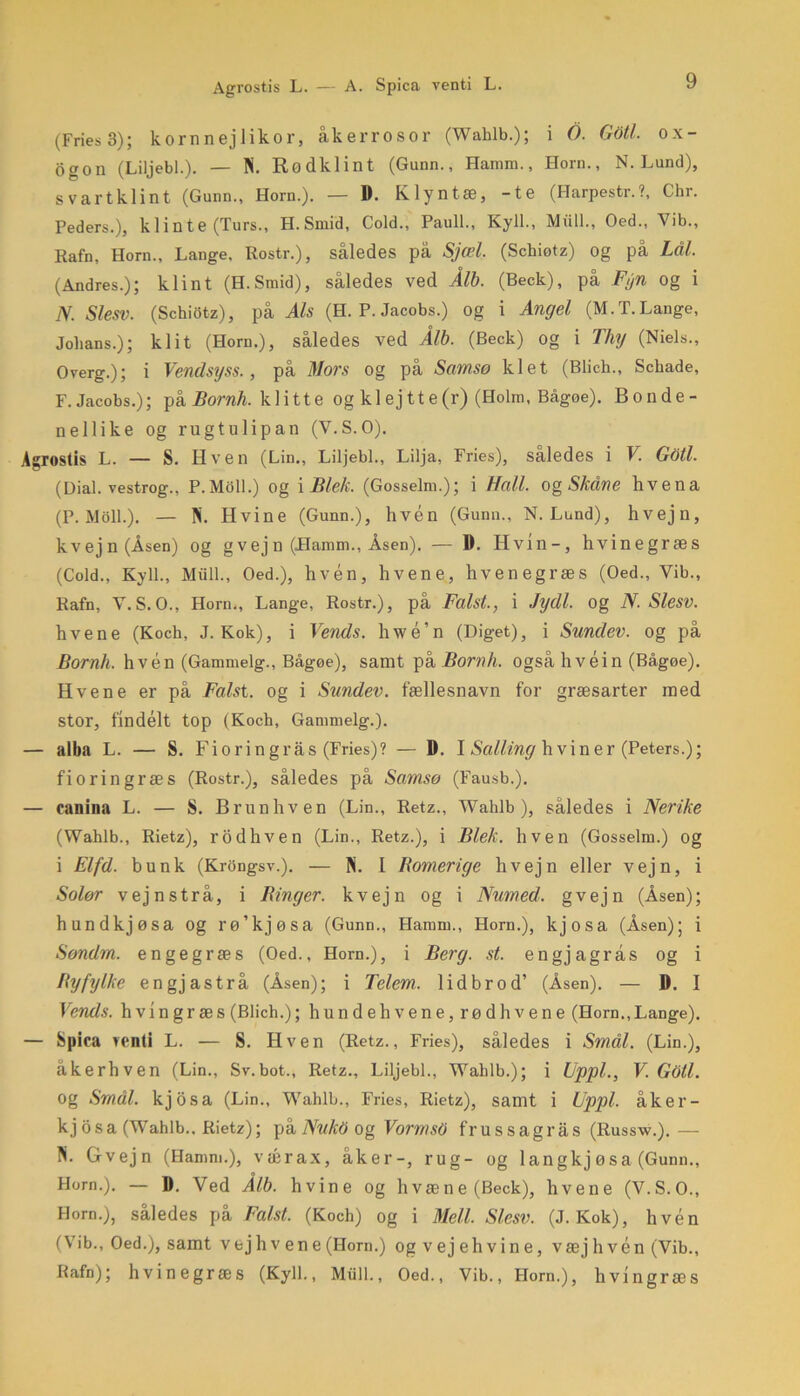 Agrostis L. — A. Spica venti L. (Fries 3); kornnej likor, åkerrosor (Wahlb.); i O. Gbtl. ox- Ogon (Liljebi.). — Pi. Rodklint (Gunn., Haram., Horn., N. Lund), s var tklint (Gunn., Horn.). — IL Klyntæ, -te (Harpestr.?, Chr. Peders.), klinte (Turs., H.Smid, Cold., Pauli., Kyll., Miill., Oed., Vib., Rafn, Horn., Lange, Rostr.), således på Sjæl. (Schiøtz) og på Lål. (Andres.); klint (H.Smid), således ved Ålb. (Beck), på Fjjn og i N. Slesv. (Schiotz), på Als (H. P. Jacobs.) og i Angel (M.T. Lange, Johans.); klit (Horn.), således ved Ålb. (Beck) og i Thy (Niels., Overg.); i Vendsyss., på Mors og på Samsø kl et (Blich., Sebade, F. Jacobs.); på Bornh. k 1 i tt e og klejtte(r) (Holm, Bågoe). Bonde- nellike og rugtulipan (V.S.O). Agrostis L. — S. Hven (Lin., Liljebi., Lilja, Fries), således i V. GOll. (Dial. vestrog., P.Moll.) og i Blek. (Gosselm.); i Hall. og Skåne hvena (P. Moll.). — N. Hvine (Gunn.), hvén (Gunn., N. Lund), hvejn, kvejn(Åsen) og g v ej n (Haram., Åsen). — D. Hvin-, hvin egræs (Cold., Kyll., Miill., Oed.), hvén, livene, hvenegræs (Oed., Vib., Rafn, V. S. O., Horn., Lange, Rostr.), på Falst., i Jydl, Og N. Slesv. hvene (Koch, J. Kok), i Vends. hwé’n (Diget), i Sundev. og på Bornh. hvén (Gammelg., Bågøe), samt p& Bornh. også hvéin (Bågøe). Hvene er på Falst. og i Sundev. fællesnavn for græsarter med stor, findélt top (Koch, Gammelg.). — alba L. — S. Fi ori n gr as (Fries)? — D. I Salling hviner (Peters.); fioringræs (Rostr.), således på Samsø (Fausb.). — canina L. — S. Brunhven (Lin., Retz., Wahlb), således i Nerike (Wahlb., Rietz), rodhven (Lin., Retz.), i Blek. hven (Gosselm.) og i Elfd. bunk (Krongsv.). — Pi. 1 Bomerige hvejn eller vejn, i Solør v ej n strå, i Binger. kvejn og i Numed. gvejn (Åsen); hundkjøsa og rø’kjøsa (Gunn., Hamm., Horn.), kjosa (Åsen); i Søndm. engegræs (Oed., Horn.), i Berg. st. engjagrås og i By fylke en gj astrå (Åsen); i Telem. Udbrod’ (Åsen). — D. I Vends. h v i n g r æ s (Blich.); hunde hvene, rød hvene (Horn., Lange). — Spica renti L. — S. Hven (Retz., Fries), således i Smål. (Lin.), åkerhven (Lin., Sv.bot., Retz., Liljebi., Wahlb.); i Uppl., V. Gbtl. og Smål. kjosa (Lin., Wahlb., Fries, Rietz), samt i Uppl. åker- kj osa (Wahlb.. Rietz); på Nukd og VormsO frussagrås (Russw.).— Pi. Gvejn (Hamm.), værax, åker-, rug- og langkj øsa (Gunn., Horn.). — D. Ved Ålb. hvine og hvæne(Beck), hvene (V.S.O., Horn.), således på Falst. (Koch) og i Mell. Slesv. (J. Kok), hvén (Vib., Oed.), samt vejh v en e (Horn.) og v ej eh vin e, væj h vén (Vib., Rafn); hvinegræs (Kyll., Miill., Oed., Vib., Horn.), hvingræs