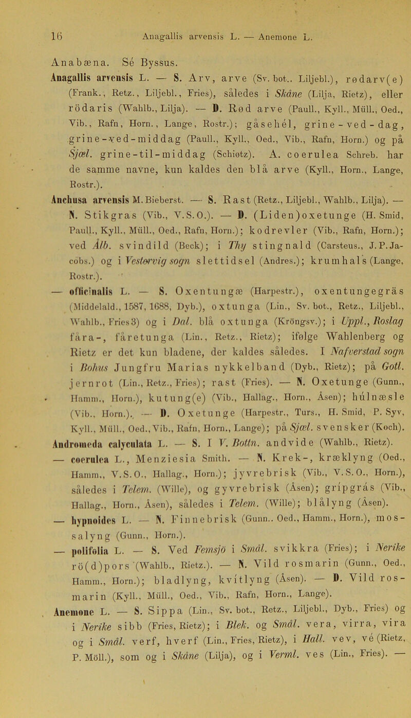 1(5 Anagallis arvensis L. — Anemone L. Anabæna. Sé Byssus. Anagallis arveusis L. — S. Arv, arve (Sv. bot.. Liljebi.), rødarv(e) (Frank., Retz., Liljebi., Fries), således i Skåne (Lilja, Rietz), eller rodaris (Waklb., Lilja). — D. Rød arve (Pauli., Kyll., Miill., Oed., Vib., Rafn, Horn., Lange, Rostr.); gåsellél, grine-ved-dag, grine-ved-middag (Pauli., Kyll., Oed., Vib., Rafn, Horn.) og på Sjæl. grine-til-middag (Schiøtz). A. coerulea Schreb. har de samme navne, kun kaldes den blå arve (Kyll., Horn., Lange, Rostr.). Anchusa anensis M.Bieberst. — S. Rast (Retz., Liljebi., Wahlb., Lilja).— N. Stikgras (Vib., V.S.O.). — D. (Liden)oxetunge (H. Smid, Pauli., Kyll., Miill., Oed., Rafn, Horn.); kodl’evler (Vib., Rafn, Horn.); ved A/b. svin dild (Beck); i Thy stingnald (Carsteus., J. P. Ja- cobs.) og i Vestervig sogn si et tids el (Andres.); krumhals (Lange, Rostr.). — oflicinalis L. — S. Oxentungæ (Harpestr.), oxent ungeg rås (Middelnid., 1587, 1688, Dyb.), oxtunga (Lin., Sv. bot., Retz., Liljebi., Wahlb., Fries3) og i Dal. blå oxtunga (Krdngsv.); i Uppl., Roslag fåra-, fåre tunga (Lin., Retz., Rietz); ifølge Wahlenberg og Rietz er det kun bladene, der kaldes således. I Nafverstad sogn i Bohus Jungfru Marias nykkel band (Dyb., Rietz); på Goti. jernrot (Lin., Retz., Fries); rast (Fries). — Pi. Oxetunge (Gunn., Ham ni., Horn.), kutung(e) (Vib., Hallag., Horn., Åsen); hulnæsle (Vib., Horn.)., — D. Oxetunge (Harpestr., Turs., H. Smid, P. Syv, Kyll., Miill., Oed.,Vib., Rafn, Horn., Lange); på Sjæl. svensker (Koch). Antiromrrin cnlyculata L. — S. I V. Boltn. andvide (Wahlb., Rietz). — coerulea L., Menziesia Smith. — PI. Krek-, kræklyng (Oed., Hamm,, V.S.O., Hallag., Horn.); jyvrebrisk (Vib., V.S.O., Horn.), således i Telm. (Wille), og gyvrebrisk (Åsen); gripgrås (Vib., Hallag., Horn., Åsen), således i Telem. (Wille); blålyng (Åsen). — hypnoidcs L. — Pi. Fin nebrisk (Gunn.. Oed., Hamm., Horn.), m 0 s - salyng (Gunn., Horn.). — polifolia L. — S. Ved FemsjO i Smal. svikkra (Fries); i Nenke ro(d)pors (Wahlb., Rietz.). — Pi. Vild rosmarin (Gunn., Oed., Hamm., Horn.); bladlyng, kvitlyng (Åsen). — 1). Vild ros- marin (Kyll., Miill., Oed., Vib., Rafn, Horn., Lange). Anemone L. — S. Sippa (Lin.. Sv. bot., Retz., Liljebi., Dyb., Fries) og i Nerike sibb (Fries, Rietz); i Blek. og Smål. vera, virra, vira og i Smål. verf, hverf (Lin., Fries, Rietz), i Hall. vev, ve (Rietz,