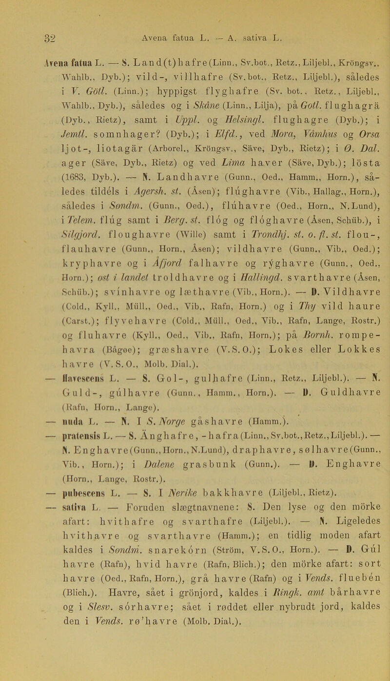 Arena fatua L. — S. Land(t)hafl’e(Linn., Sy.bot., Retz., Liljebi., Krongsv., Walllb., Dyb.); vild-, villhafre (Sy.bot., Retz., Liljebi.), således i V. Goti. (Linn.); hyppigst flyghafre (Sy. bot., Retz., Liljebi., Wahlb.. Dyb.), således og i Skåne (Linn., Lilja), på Goti. fl ugli agra (Dyb., Rietz), samt i Uppl. og Helsingl. flughagre (Dyb.); i Jemtl. s o mn hager? (Dyb.); i Elfcl., ved Mora, Våmhus og Orsa ljot-, liotagar (Arborel., KrOngsv., Save, Dyb., Rietz); i 0. Dal. ager (Save, Dyb., Rietz) og ved Lima haver (Save, Dyb.); losta (1683, Dyb.). — N. Landhavre (Gunn., Oed., Hamm., Horn.), så- ledes tildéls i Agersh. si. (Åsen); flughavre (Vib., Hallag., Horn.), således i Søndin. (Gunn., Oed.), fluhavre (Oed., Horn., N.Lund), i Telem. flug samt i Berg.st. flog og floghavre (Åsen, Sclnib.), i S'ilf/jord. floughavre (Wille) samt i Trondhj. st. o. fl. st. flou-, flauhavre (Gunn., Horn., Åsen); vildhavre (Gunn., Vib., Oed.); k ry p havre og i Å fjord fal havre og ryghavre (Gunn., Oed., Horn.); ost i landet trold havre og i Hallingd. s vart havre (Åsen, Sclnib.); svinhavre og læthavre (Vib., Horn.). — I). Vildhavre (Gold., Kyll., Milil., Oed., Vib., Rafn, Horn.) og i Thy vild haure (Carst.); flyvehavre (Gold,, Miill., Oed., Vib., Rafn, Lange, Rostr.) og fluhavre (Kyll., Oed., Vib., Rafn, Horn.); på Bornh. rorape- havra (Bågoe); græshavre (V.S.O.); Lok es eller Lok k es havre (V.S.O., Molb. Dial.). — Ilaresccns L. — S. Gol-, gulhafre (Linn., Retz., Liljebi.). — N. Guld-, gulhavre (Gunn., Hamm., Horn.). — II. Guldhavre (Rafn, Horn., Lange). — iiuda L. — N. I S. Norge gås havre (Hamm.). — pratensis L. — S. Ånghafre, - hafra(Linn.,Sv.bot.,Retz.,Liljebi.).— N. Enghavre(Gunn.,Horn.,N.Lund), draphavre, sølhavre(Gunn., Vib., Horn.); i Dalene grasbunk (Gunn.). — II. Enghavre (Horn., Lange, Rostr.). — IHihcscons L. — S. I Nerike bakkhavre (Liljebi., Rietz). — sativa L. — Foruden slægtnavnene: S. Den lyse og den morke afart: hvithafre og svarthafre (Liljebi.). — N. Ligeledes hvithavre og svarthavre (Hamm.); en tidlig moden afart kaldes i Sondni. snarekorn (Strom, V.S.O., Horn.). — I). Gul havre (Rafn), hvid havre (Rafn, Blich.); den morke afart: sort havre (Oed., Rafn, Horn.), grå havre (Rafn) og i Vends. flueben (Blicli.). Havre, sået i gronjord, kaldes i Bingk. amt b år havre og i Slesv. sorhavre; sået i røddet eller nybrudt jord, kaldes den i Vends. rø’havre (Molb. Dial.).