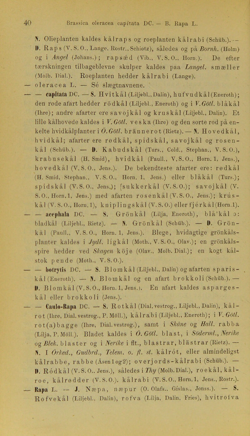 Brassica oleracea capitata DC. — B. Rapa L. N. Olieplanten kaldes kålraps og roeplanten kålrabi (Schiib.).-- l>. Rap s (V. S. O., Lange. Rostr., Schiotz), således og pk Bornh. (Holm) og i Angel (Johans.); rapsæd (Vib., V.S.O., Horn.). De efter tærskningen tilbageblevne skulper kaldes paa Langel, smæller (Molb. Dial.). Roeplanten hedder kålrabi (Lange), oleracea L. — Sé slægtnavnene. — capitata DC. —S. Hvitkål (Liljebi.,Dalin), hufvudital(Eneroth); den rode afart hedder rodkål (Liljebi., Eneroth) og i V.Gotl. blåkål (Ihre); andre afarter ere savojkål og kruskål (Liljebi., Dalin). Et lille kålhovede kaldes i V.Gotl. ve ska (Ihre) og den sorte rod på en- kelte hvidkålplanter i O.GOtl. brånnerot (Rietz). — N. Hovedkål, hvidkål; afarter ere rodkål, spidskål, savojkål og rosen- kål (Schiib.). — U. Kabudskål (Turs., Cold., Stephan., V. S. O.), krabusekål (H. Smid), hvidkål (Pauli., V.S.O., Horn. 1, Jens.), hovedkål (V.S.O., Jens.). De bekendteste afarter ere: rodkål (H. Smid, Stephan., V.S.O., Horn. 1, Jens.) eller blåkål (Turs.); spidskål (V. S. O., Jcns.j; [suk ker kål (V.S. O.); savojkål (V. S.O., Horn. 1, Jens.) med afarten rosenkål (V.S.O., Jens.); krus- kål (V.S. O., Horu.l), kniplingskål (V. S. O.) eller fj ér kål (Horn. 1). — acephala DC. — S. G ron kål (Lilja, Eneroth), blå’kål o: bladkål (Liljebi., Rietz). — IN. Grbnkål (Schiib.). — 0. Gron- kål (Pauli., V.S. O., Horn. 1, Jens.). Blege, hvidagtige grbnkåls- planter kaldes i Jydl. ligkål (Moth., V.S.O., Olav.); en gronkåls- spire hedder ved Slagen koje (Olav., Molb. Dial.); en kogt kal- stok pen de (Moth., V.S. O.). — botrytis DC. — S. Blomkål (Liljebi., Dalin) og afarten sparis- kål (Eneroth). — N. Blomkål og en afart brokkoli (Sclhib.).— I). Blomkål (V.S.O., Horn. 1, Jens.). En afart kaldes asparges- kål eller brokkoli (Jens.). — Caulo-Rapa DC. — S. Rotkål (Dial.vestrog., Liljebi., Dalin), kål- rot (Ihre, Dial. vestrog., P. Mbll.), kål l’ab i (Liljebi., Eneroth); i V.Gotl. rot(a)bagge (Ihre, Dial.vestrog.), samt i Skåne og Hall. rabba (Lilja, P.Mbll.). Bladet kaldes i O.GOtl. biast, i Soder ml., Nerike og Blek. blaster og i Nerike i flt., blastrar, blastrar (Rietz). — IN. T Orked., Gudbrd., Telem. o. fl. st. kålrot, eller almindeligst kålrabbe, rabbe (Åsen 1 og2); overjords-kålrabi (Schiib.). — R. Rodkål (V.S.O.. Jens.), således i Thy (Molb.Dial.), roekål, kål- roe, kålrødder (V.S.O.), kålrabi (V. S. O., Horn. 1, Jens., Rostr.). Rapa L. — J. Næpa, næpur (O. Olafs.. Gfslas., Jonss.). — S. Rofvekål (Liljebi., Dalin), rofva (Lilja, Dalin, Fries), hvitrofva