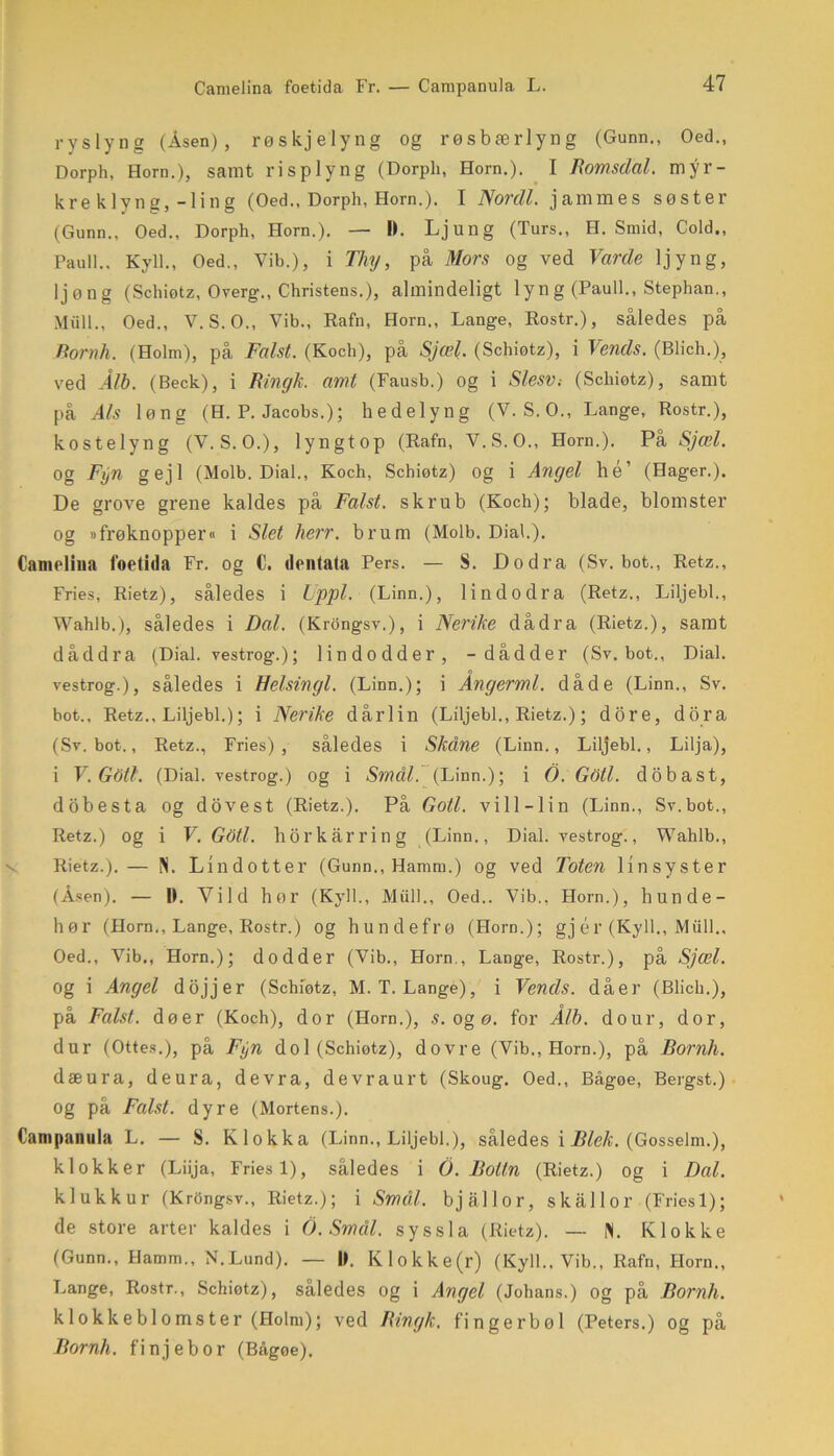 ryslyng (Åsen), røskjelyng og røsbærlyng (Gunn., Oed., Dorph, Horn.), samt risp lyn g (Dorph, Horn.). I Bomsdal. myr- kre klyng, -1 ing (Oed., Dorph, Horn.). I Nordl. jammes søster (Gunn., Oed., Dorph, Horn.). — II. Ljung (Turs., H. Smid, Cold., Pauli.. Kyll., Oed., Yib.), i Thy, på Mors og ved Varde ljyng, Ijong (Schiotz, Overg., Christens.), almindeligt ly n g (Pauli., Stephan., Miill., Oed., V. S. O., Vib., Rafn, Horn., Lange, Rostr.), således på Bornh. (Holm), på Falst. (Koch), på Sjæl. (Schiotz), i Vends. (Blich.), ved ÅIb. (Beck), i Bingk, amt (Fausb.) og i Slesv; (Schiotz), samt på Als løn g (H. P. Jacobs.); hedelyng (V. S. O., Lange, Rostr.), kostelyng (V. S.O.), lyngtop (Rafn, V.S.O., Horn.). På Sjæl. Og Fijn gejl (Molb. Dial., Koch, Schiotz) og i Angel hé’ (Hager.). De grove grene kaldes på Falst. skrub (Koch); blade, blomster og »frøknopper« i Slet herr. brum (Molb. Dial.). Cameliua loetida Fr. og C. dentata Pers. — S. Dodra (Sv. bot., Retz., Fries, Rietz), således i Uppl. (Linn.), lindo dr a (Retz., Liljebi., Wahlb.), således i Dal. (Krongsv.), i Nerike dådra (Rietz.), samt dåddra (Dial. vestrog.); lindodder, -dådder (Sv. bot., Dial. vestrog.), således i Helsingl. (Linn.); i Angermi. dåde (Linn., Sv. bot., Retz., Liljebi.); i Nerike dårlin (Liljebi., Rietz.); dore, dora (Sv. bot., Retz., Fries), således i Skåne (Linn., Liljebi., Lilja), i V. Gåti. (Dial. vestrog.) og i Smål. (Linn.); i O. Gåtl. dobast, dobesta og dovest (Rietz.). På Goti. vill-lin (Linn., Sv.bot., Retz.) og i V. Goti. hor kår ri il g (Linn., Dial. vestrog., Wahlb., Rietz.).— N. Lindotter (Gunn., Hamm.) og ved Toten linsyster (Åsen). — 1). Vild hør (Kyll., Miill., Oed.. Yib., Horn.), hunde- hør (Horn., Lange, Rostr.) og hundefrø (Horn.); gj ér (Kyll., Miill., Oed., Vib,, Horn.); dodder (Vib., Horn., Lange, Rostr.), på Sjæl. og i Angel dojjer (Schiotz, M. T. Lange), i Vends. dåer (Blich.), på Falst. døer (Koch), dor (Horn.), s. ogø. for Å/b. dour, dor, dur (Ottes.), på Fyn dol (Schiotz), dovre (Vib., Horn.), på Bornh. dæura, deura, devra, devraurt (Skoug. Oed., Bågøe, Bergst.) Og på Falst. dyre (Mortens.). Campanula L. — S. Klokka (Linn., Liljebi.), således i Blek. (Gosselm.), klokker (Liija, Friesl), således i O. Boltn (Rietz.) og i Dal. klukkur (Krongsv., Rietz.); i Smal. bjållor, skål 1 or (Friesl); de store arter kaldes i 6. Smål. syssla (Rietz). — N. Klokke (Gunn., Hamm., N.Lund). — II. Klokke(r) (Kyll.. Vib., Rafn, Florn., Lange, Rostr., Schiotz), således og i Angel (Johans.) og på Bornh. k 1 okkeb 1 omster (Holm); ved Bingk. fingerbøl (Peters.) og på Bornh. finjebor (Bcågoe).