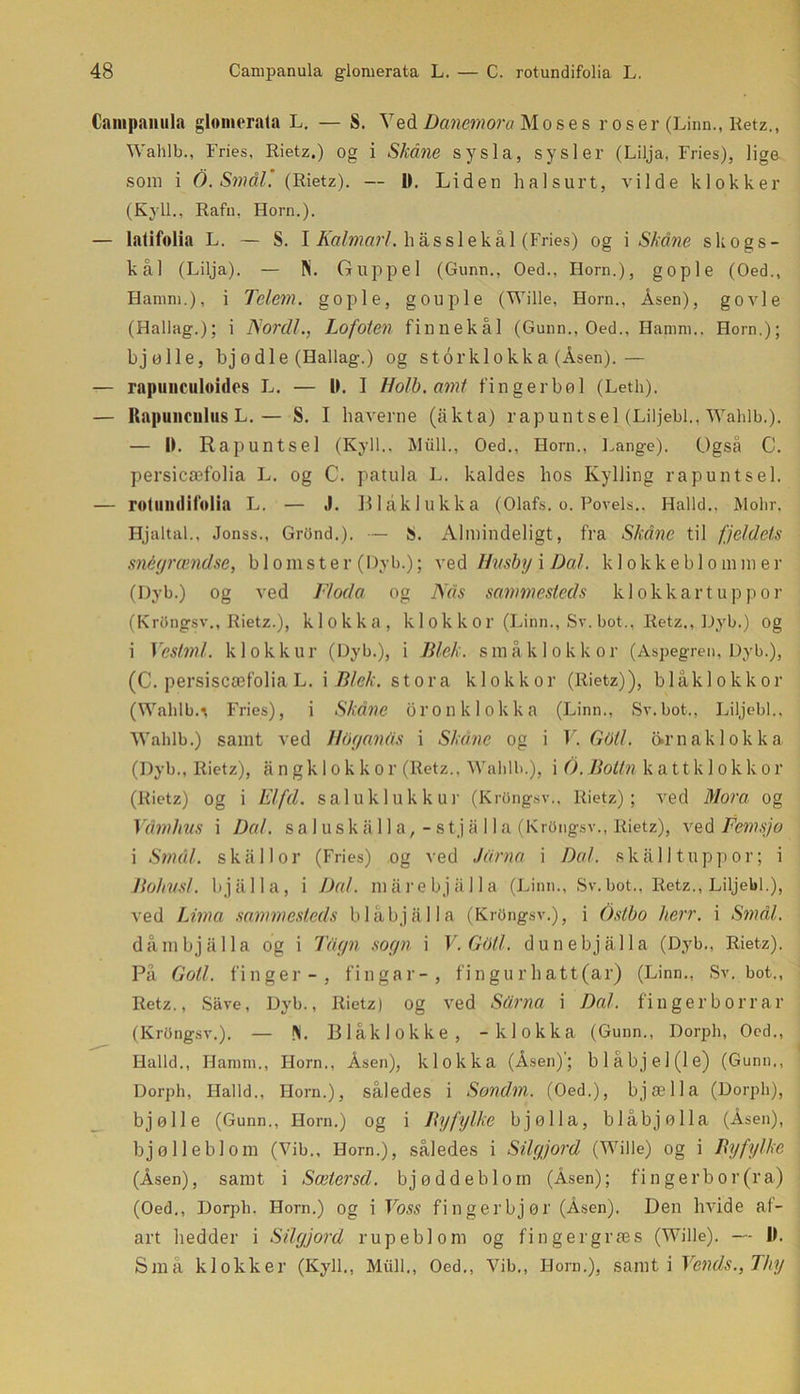 Campanula glomerata L. — S. Ved Danemora Moses roser (Linn., Retz., Wahlb., Fries, Rietz.) og i Skåne sysla, sysler (Lilja, Fries), lige som i O. Smal. (Rietz). — 0. Liden halsurt, vilde klokker (Kyll., Rafn, Horn.). — latifolia L. — S. I Kalmarl. has s lekål (Fries) og i Skåne skogs- kål (Lilja). — Pi. Guppel (Gunn., Oed., Ilorn.), gople (Oed., Hanim.), i Tclem. gople, gouple (Wille, Horn., Åsen), govie (Hallag.); i Nordi., Lofoten finnekål (Gunn., Oed., Hanim.. Horn.); bj ølle, bj o die (Hallag.) og s torklokka (Åsen).— — rapunculoides L. — 0. I Holb.amt fingerbøl (Leth). — Kapunculus L.— S. I haverne (åkta) rapuntsel (Liljebi., Wahlb.). — Ib Rapuntsel (Kyll., Miill., Oed., Horn., Lange). Også C. persicæfolia L. og C. patula L. kaldes hos Kylling rapuntsel. — rotundifolia L. — J. Blåklukka (Olafs. o. Forels.. Haild., Mohr, Hjaltal., Jonss., Grond.). — IS. Almindeligt, fra Skåne til fjeldets snégrændse, blomster (Dyb.); ved Husby i Dal. k 1 okk e b 1 o m m e r (Dyb.) og ved Floda og Nås sammesteds kl ok kart up por (Krdngsv., Rietz.), klokka, kl ok k 01’ (Linn., Sv. bot., Retz., Dyb.) og i Vestml. kl ok kur (Dyb.), i Blok. små k lokkor (Aspegren, Dyb.), (C. persiscæfolia L. i Blek. stora klokkor (Rietz)), blåklokkor (Wahlb. \ Fries), i Skåne or Oli klokka (Linn., Sv. bot., Liljebi.. Wahlb.) samt ved Hbganås i Skåne og i V. Goil. arnaklokka (Dyb., Rietz), ångklokkor (Retz., Wahlb.), i O. Boltn kattk lokkor (Rietz) og i Elfd. sal ukluk kur (KrOngsv., Rietz); ved il/om og Våmhus i Dal. saluskalla, - s tj å 11 a (KrOngsv., Rietz), ved Femsjø i Smal. skål 1 or (Fries) og ved Jårna i Dal. skålltuppor; i Boliusl. bjålla, i Dal. mårebjålla (Linn., Sv.bot., Retz., Liljebi.), ved Lima sammesteds blåbjalla (KrOngsv.), i Ostbo herr. i Smal. dam bjålla og i Tågn sogn i V.Goll. dunebjålla (Dyb., Rietz). På Goti. finger-, fingar-, fingurhatt(ar) (Linn., Sv. bot., Retz., Såve, Dyb., Rietz) og ved Sårna i Dal. finger borrar (KrOngsv.). — Pi. Blåk lokke, -klokka (Gunn., Dorpli, Oed., Halid., Hamm., Horn., Åsen), klokka (Åsen); blåbjel(le) (Gunn., Dorph, Halid., Horn.), således i Sondm.. (Oed.), bjælla (Dorpli), bjølle (Gunn., Horn.) og i By fylke bjølla, blåbjølla (Åsen), bjølleblom (Vib., Horn.), således i Silgjord (Wille) og i By fylke (Åsen), samt i Sætersd. bjøddebloin (Åsen); fingerbor(ra) (Oed., Dorph. Horn.) og i Voss fingerbjør (Åsen). Den hvide af- art hedder i Silgjord rupeb]om og fingergræs (Wille). — Ib Små klokker (Kyll., Midi,, Oed,, Vib., Horn.), samti Vends.,Thy