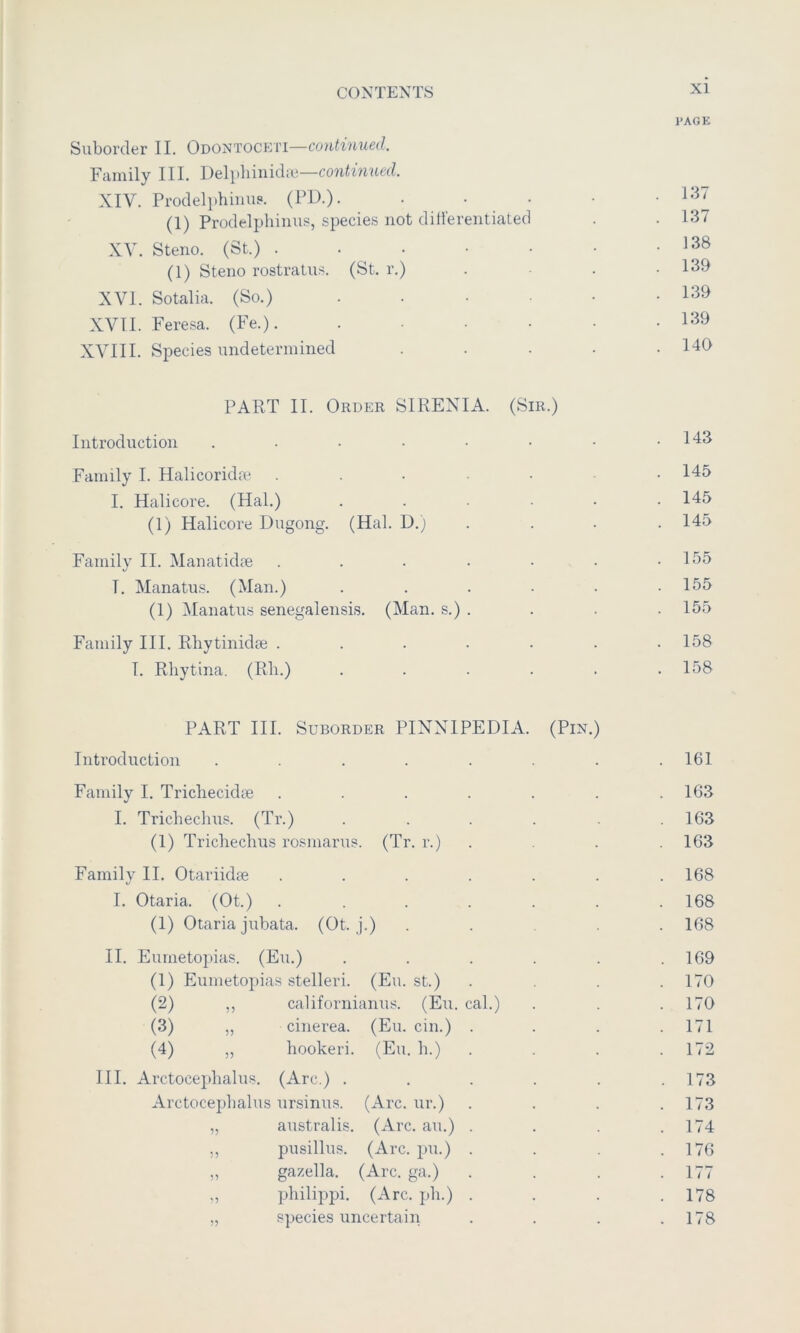 Suborder II. Odontoceti— Family III. Delphinid;e—co?ii!mMed. XIV. Prodelphiims. (PD.). (1) Prodelphinus, species not dill'erentiated XV. Steno. (St.) . . . (1) Steno rostraliis. (St. r.) XVI. Sotalia. (So.) XVII. Feresa. (Fe.). XVIII. Species undetermined PAGE 137 137 138 139 139 139 140 PART II. Order SIRENIA. (Sir.) Introduction ...... . 143 Family I. Halicoridie . . . • . 145 I. Halicore. (Hal.) .... . 145 (1) Halicore Dugong. (Hal. D.) . 145 Family II. Mauatid^e ..... . 155 I. Manatus. (Man.) .... . 155 (1) Manatus senegalensis. (Man. s.) . . 155 Family III. Rbytinidse ..... . 158 I. Rliytina. (Rb.) .... . 158 PART III. Suborder PINNIPEDIA. Introduction ...... (Pin.) . 161 Family I. Tricliecidse ..... . 163 I. Tricbechus. (Tr.) .... . 163 (1) Tricbecbus rosmarus. (Tr. r.) . 163 Family II. Otariidse ..... . 168 I. Otaria. (Ot.) ..... . 168 (1) Otaria jubata. (Ot. j.) . 168 II. Eumetopias. (Eu.) .... . 169 (1) Eumetopias stelleri. (Eu. st.) . 170 (2) ,, californianus. (Eu. cal.) . 170 (3) „ cinerea. (Eu. ciu.) . . 171 (4) ,, bookeri. (Eu. b.) . 172 III. Arctocepbalus. (Arc.) .... . 173 Arctocepbalus ursinus. (Arc. ur.) . 173 „ australis. (Arc. au.) . . 174 ,, pusillus. (Arc. pu.) . . 176 ,, gazella. (Arc. ga.) . 177 ., pbilippi. (Arc. pb.) . . 178 „ species uncertain . 178